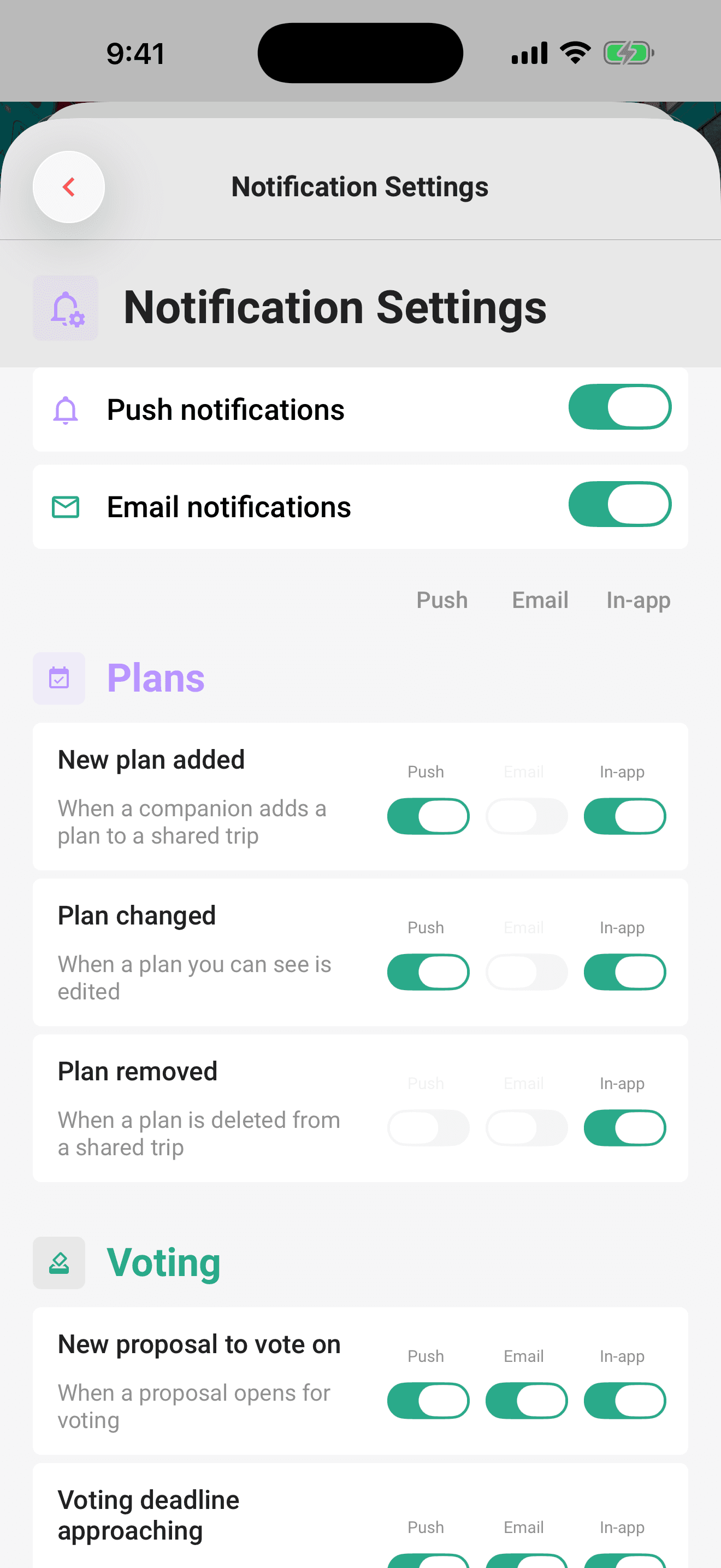 The Push notifications master switch in Settings → Notification Settings