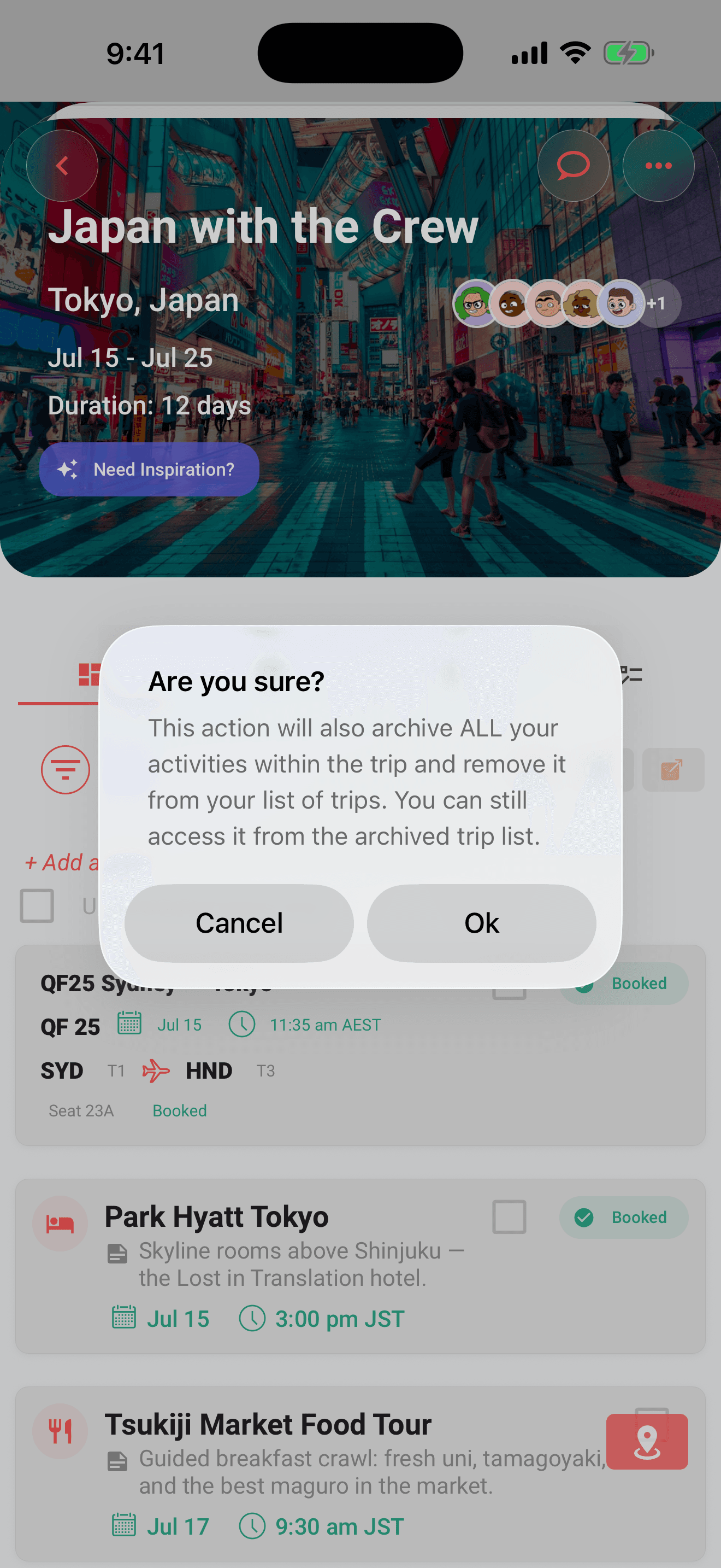 The archive confirmation: the trip and all its activities move to the archive
