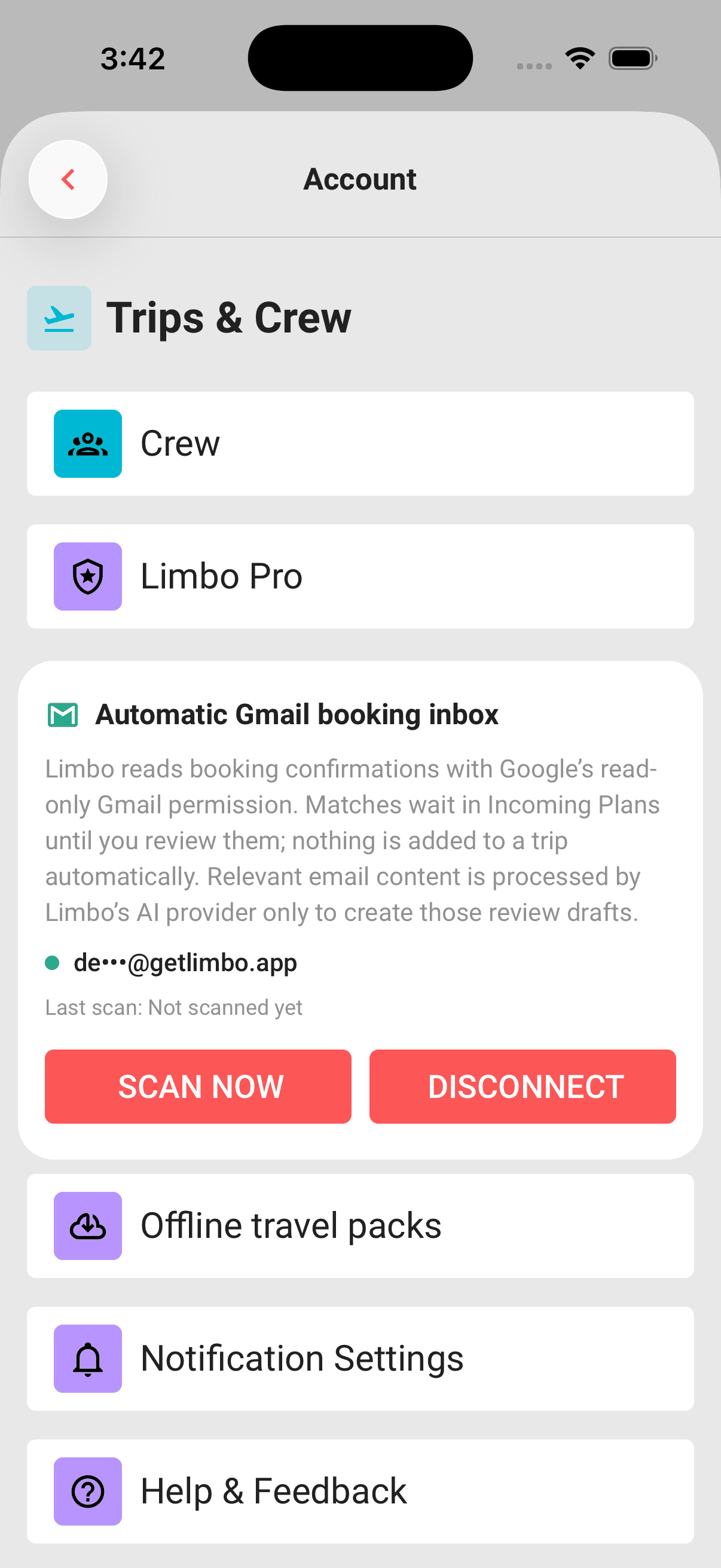 A connected mailbox, shown masked, with its Last scan time and the Scan now and Disconnect buttons