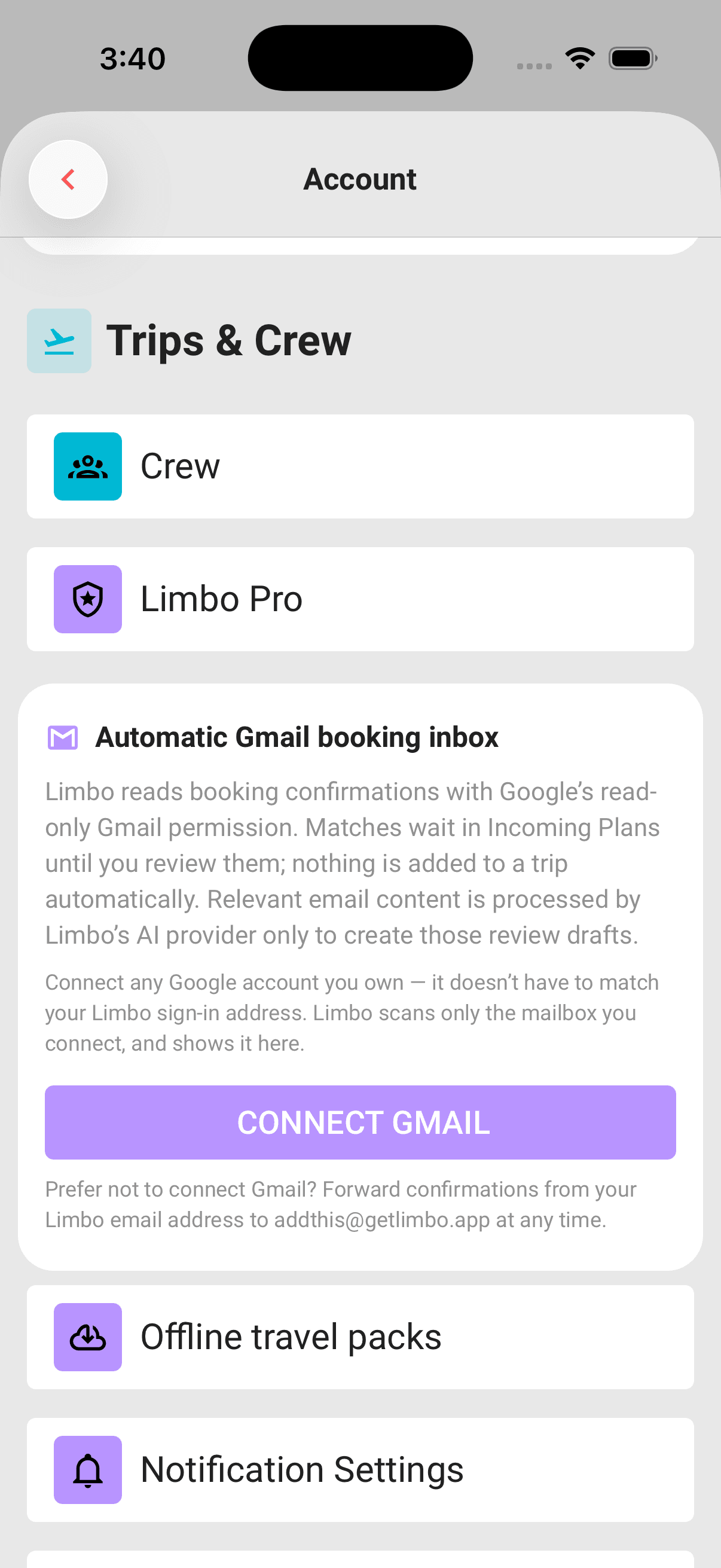 The Automatic Gmail booking inbox card in Account, before a mailbox is connected