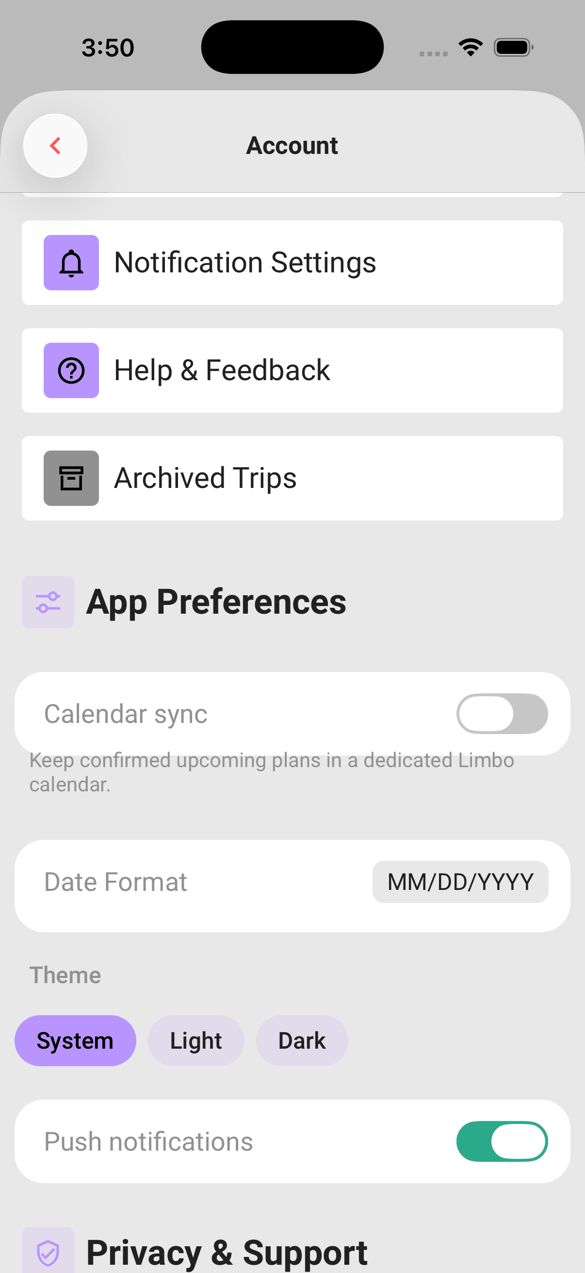Calendar sync sits under App Preferences on your account screen