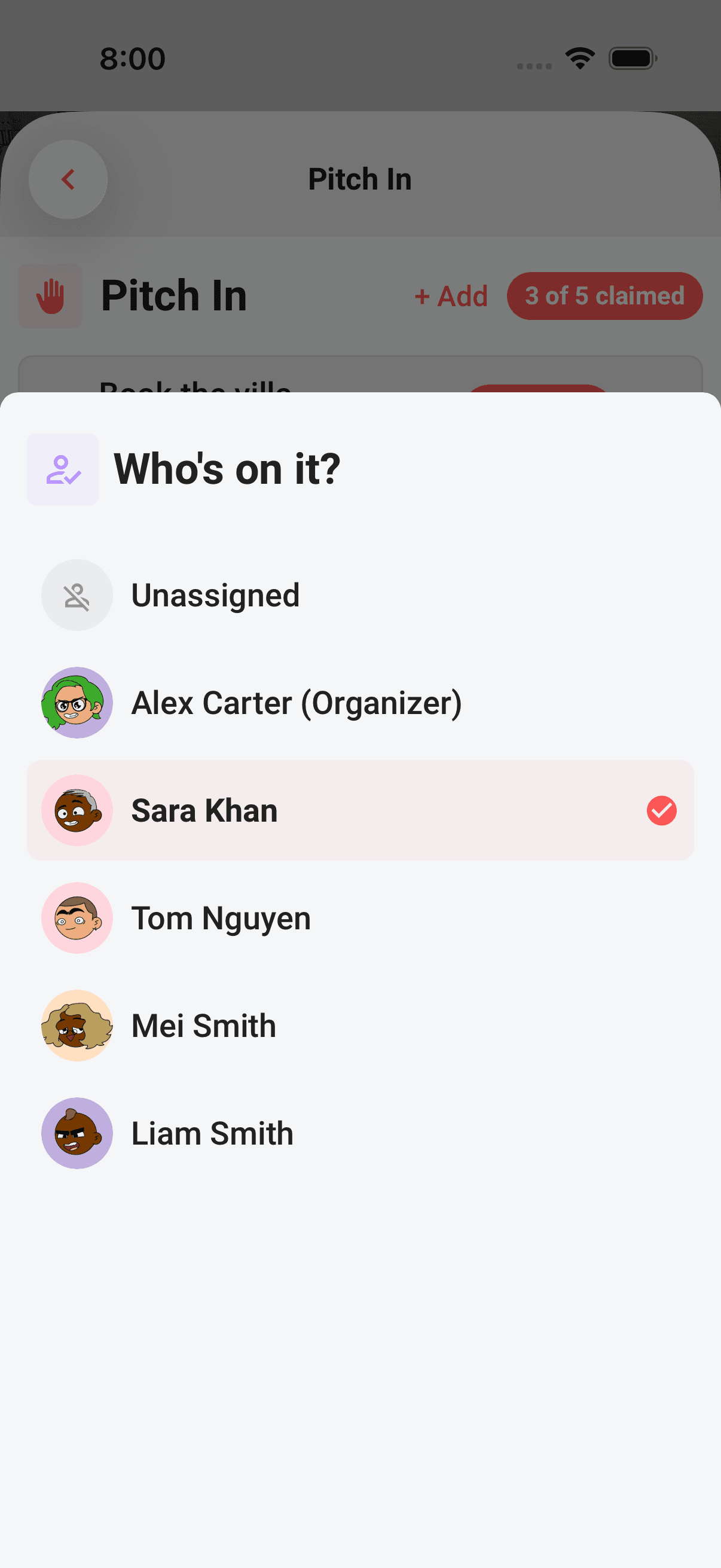 The Who's on it? sheet, crew members, the Unassigned row, and not-yet-joined crew members greyed out