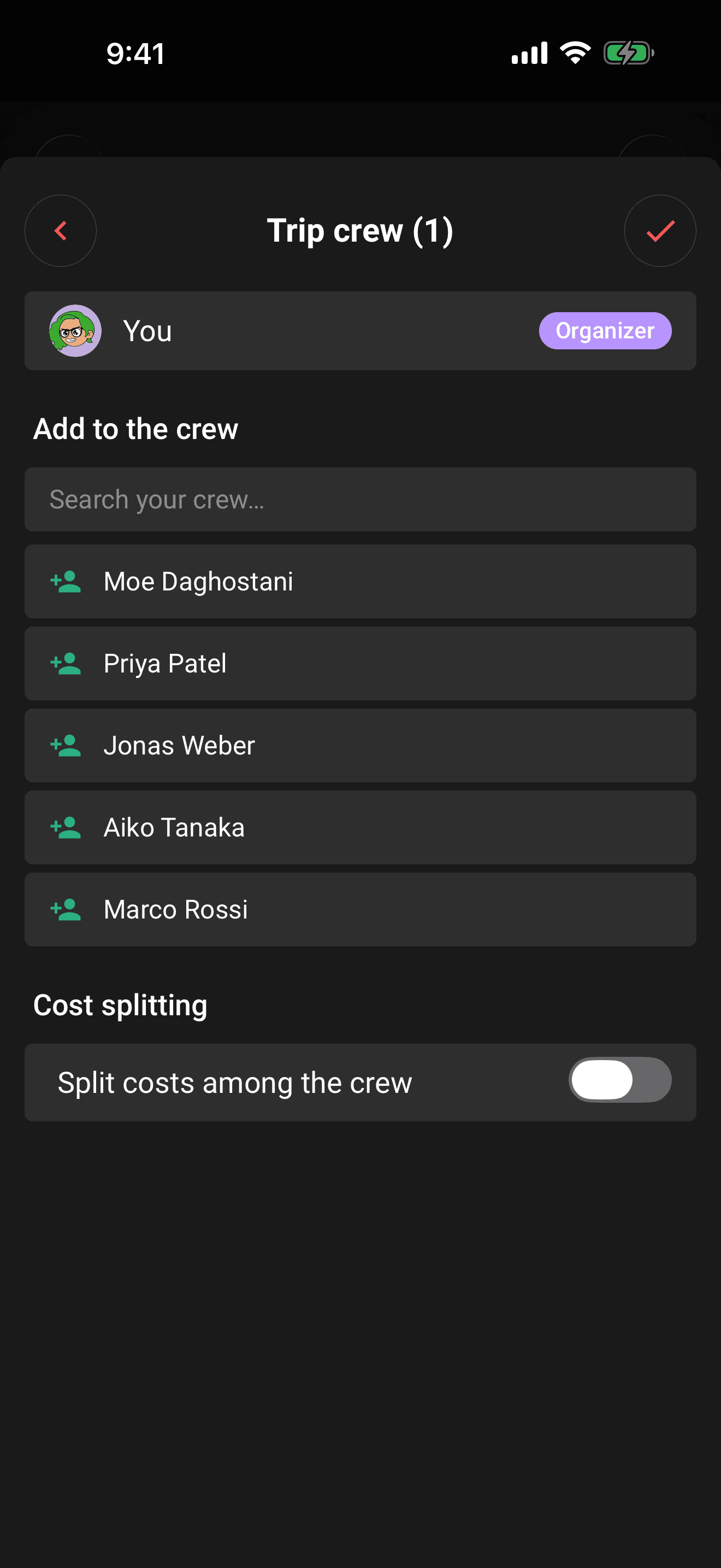 The participants sheet: crew members, edit access, and the invite link