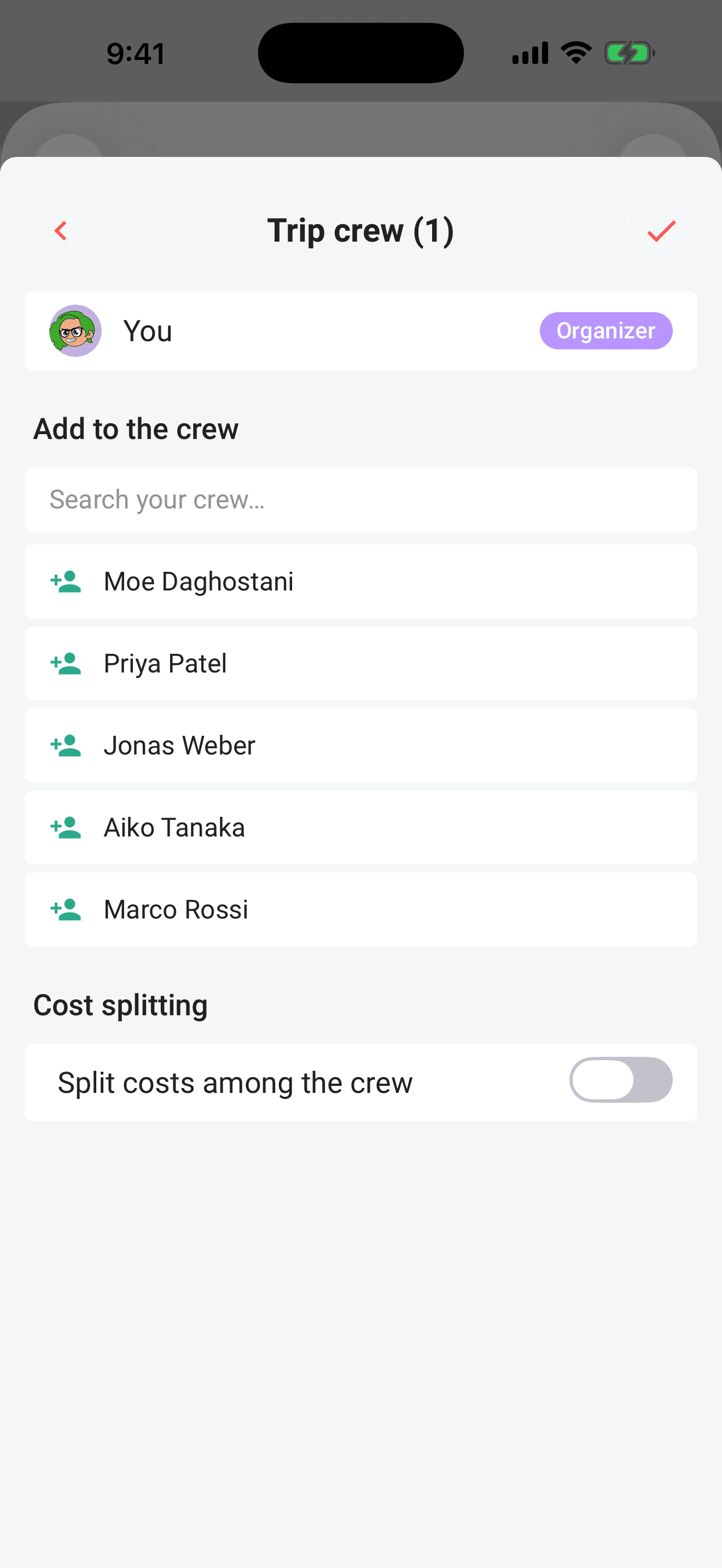 The participants sheet: crew members, edit access, and the invite link