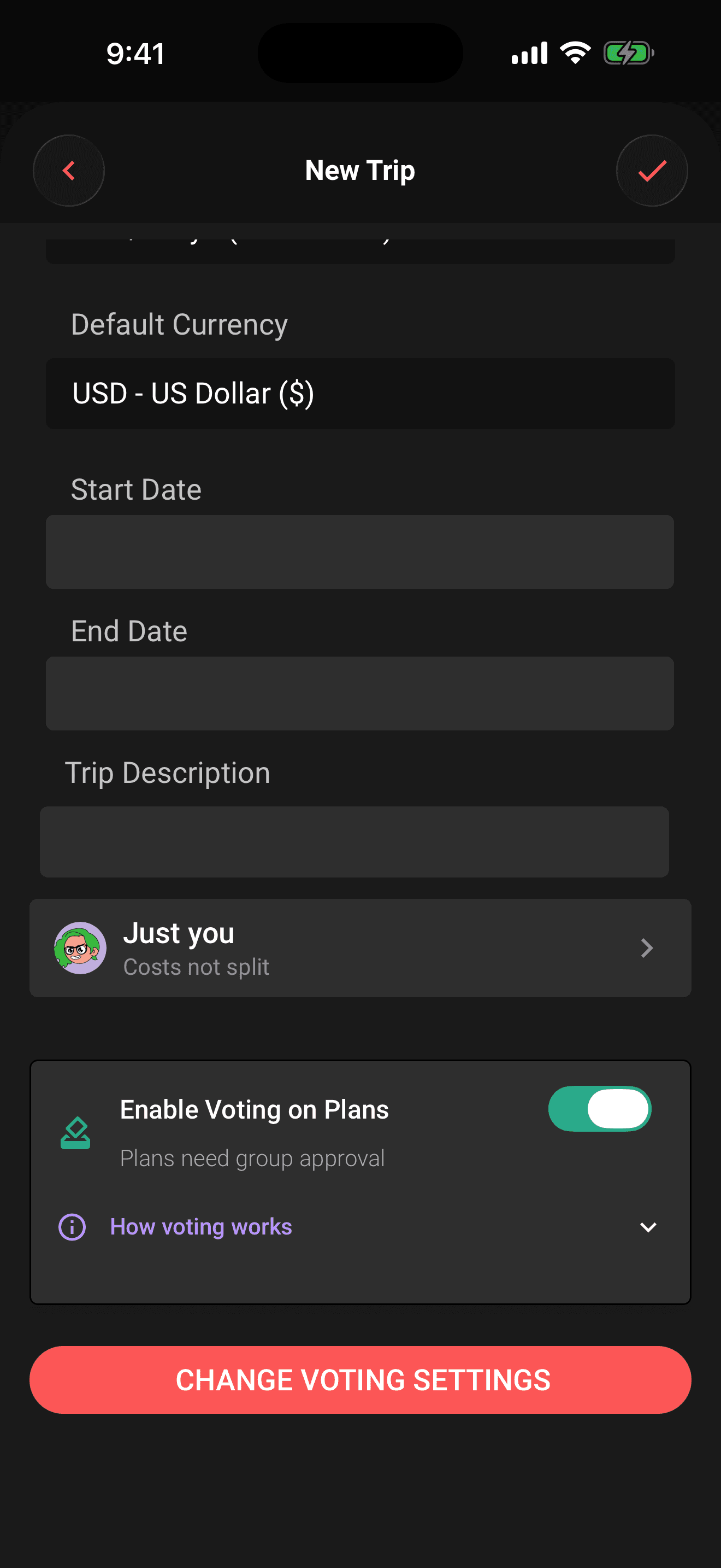 Voting on, with the settings sheet open