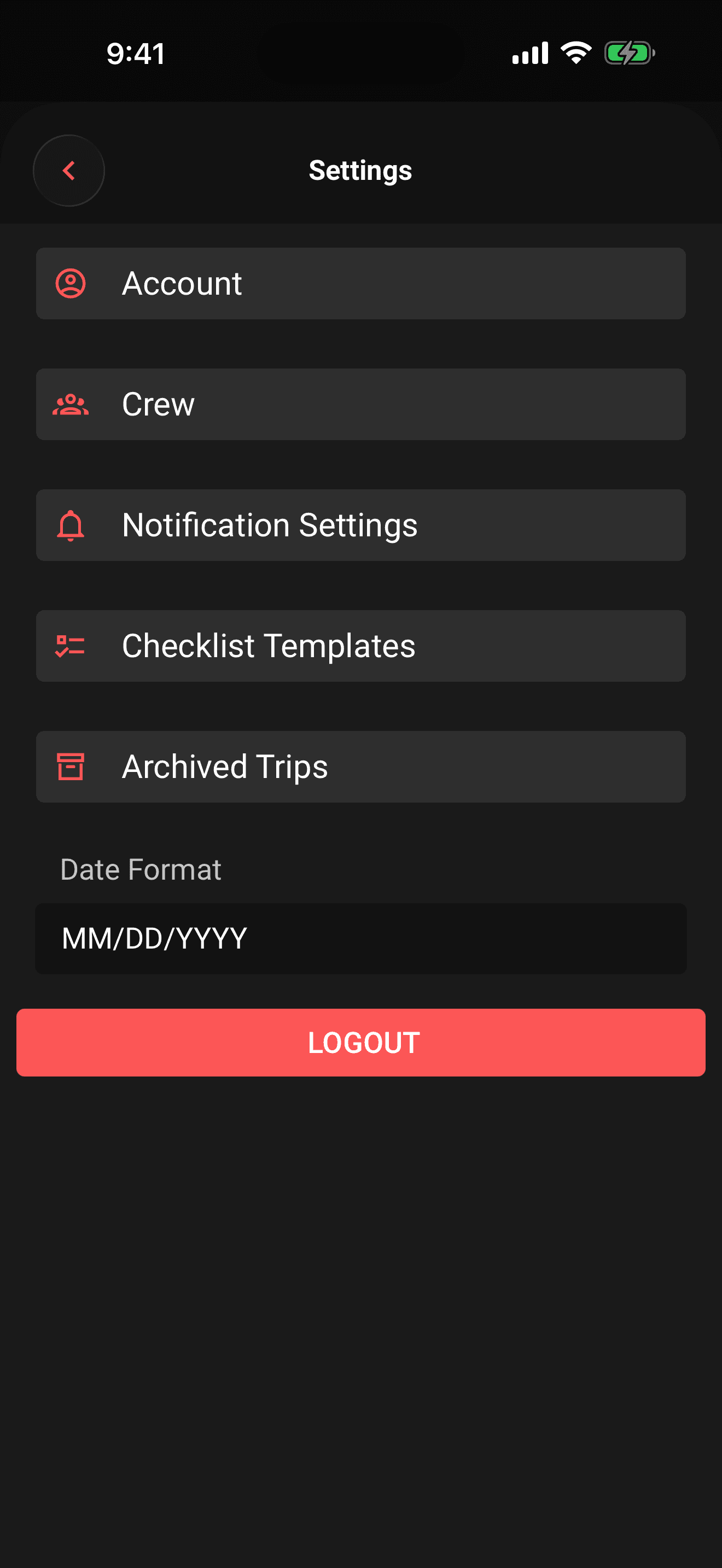 Logout at the bottom of Settings