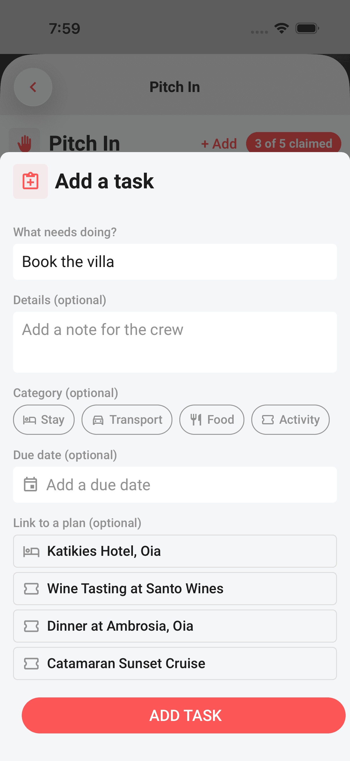 The Add a task sheet, a required title, plus optional details, category, due date, and a link to a plan