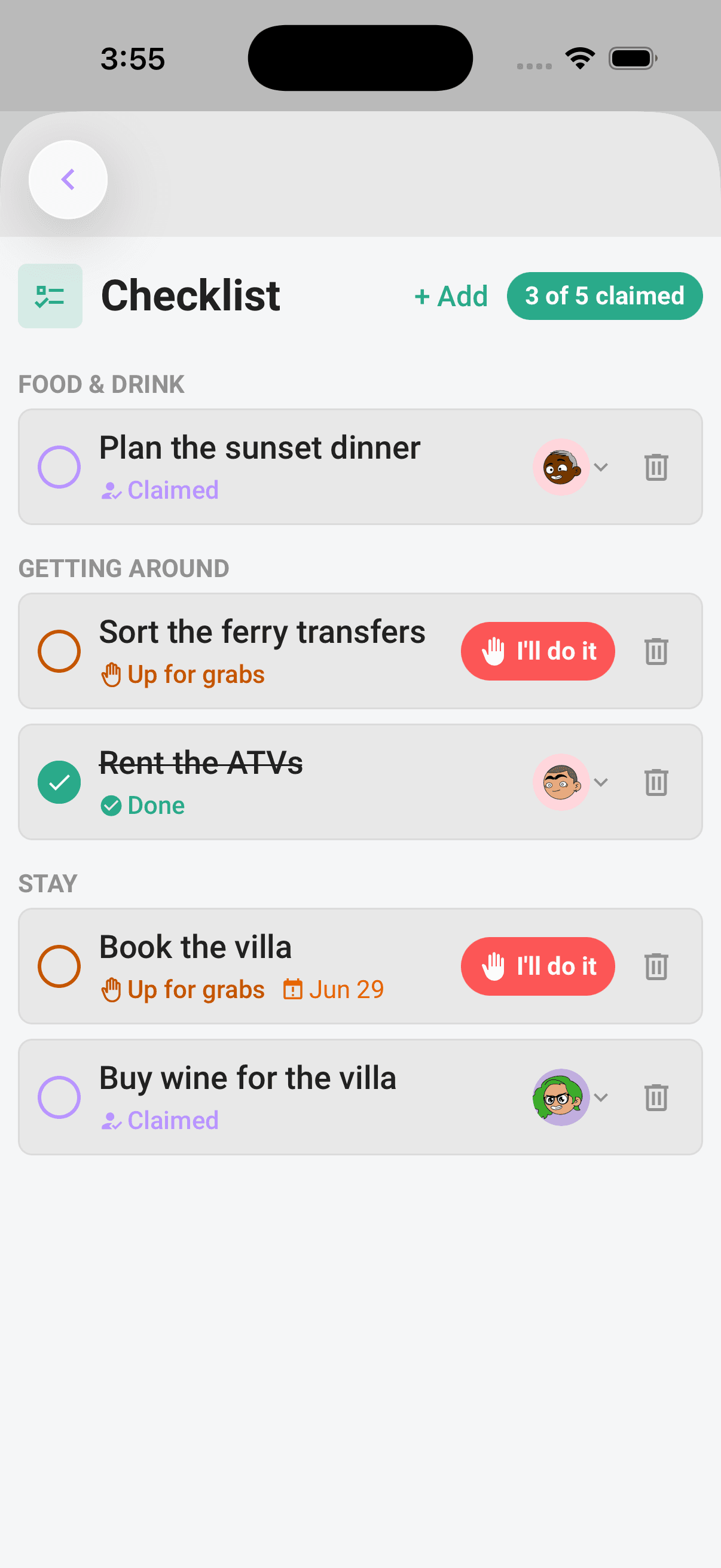 A trip's Checklist, tasks sorted under their groups, with up-for-grabs, claimed, and done all visible and the “3 of 5 claimed” pill in the header