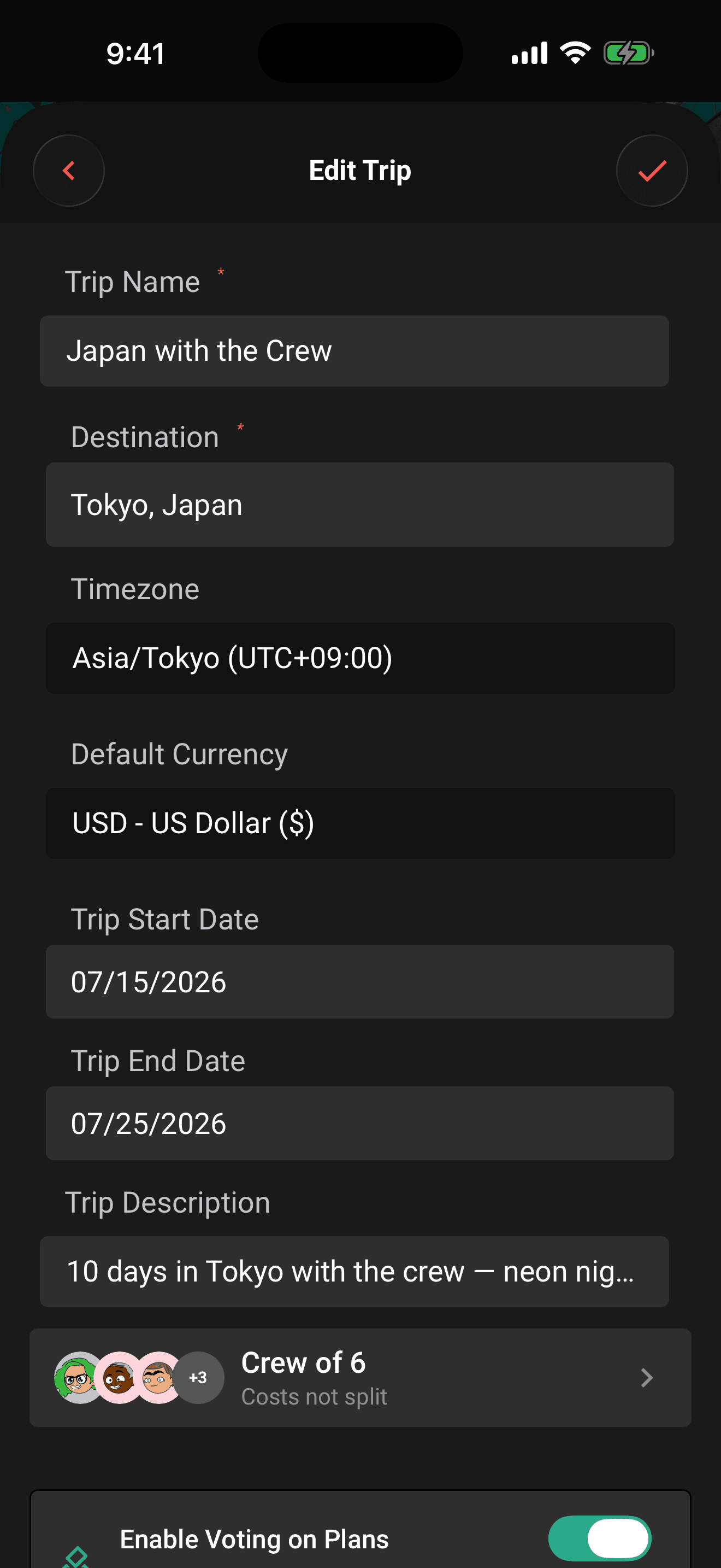 The edit form, pre-filled with the trip's current details