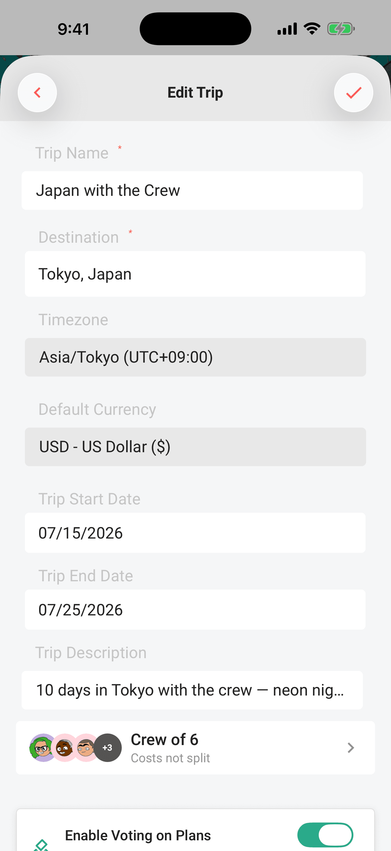 The edit form, pre-filled with the trip's current details