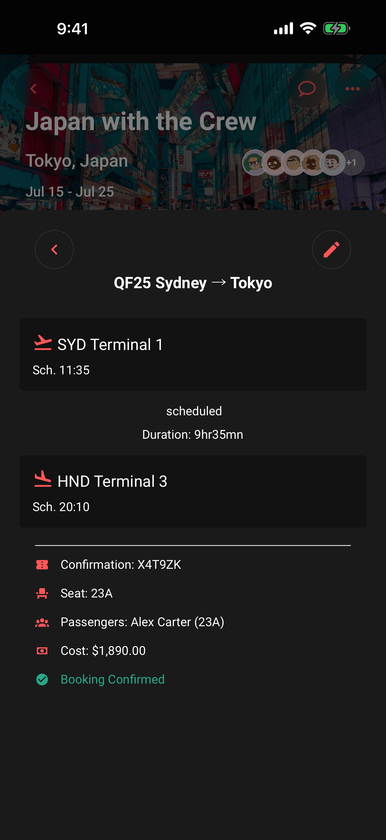 The flight sheet: status, terminals and gates, the delay banner, codeshare info, and passengers