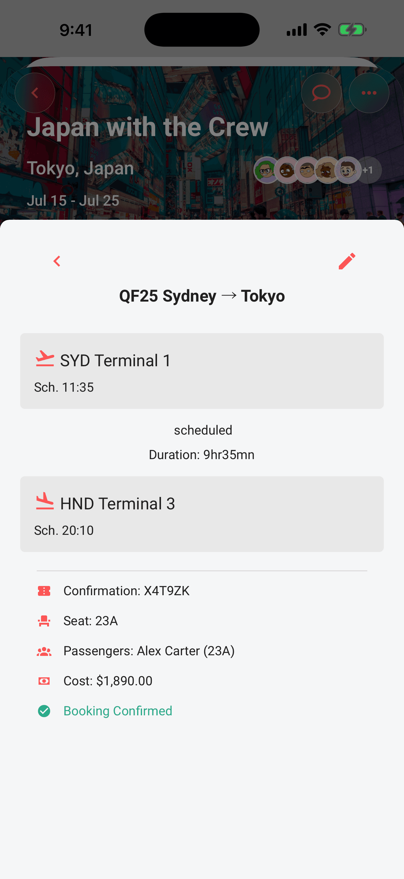 The flight sheet: status, terminals and gates, the delay banner, codeshare info, and passengers