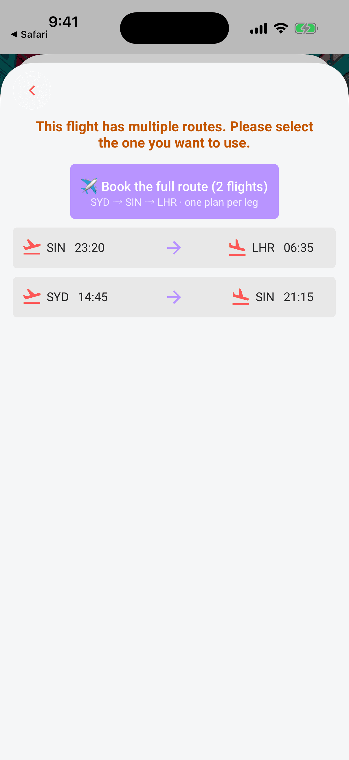 Several legs matched: pick a single leg, or book the full route as one plan per leg