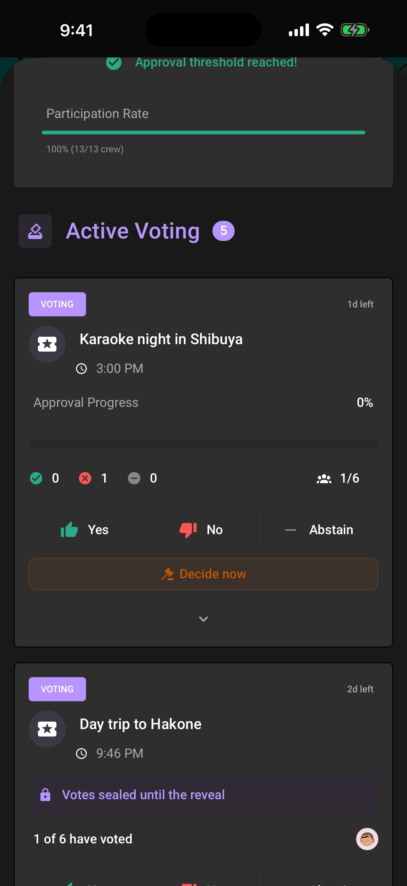 A pending ballot with the live tally, progress bar, and time remaining