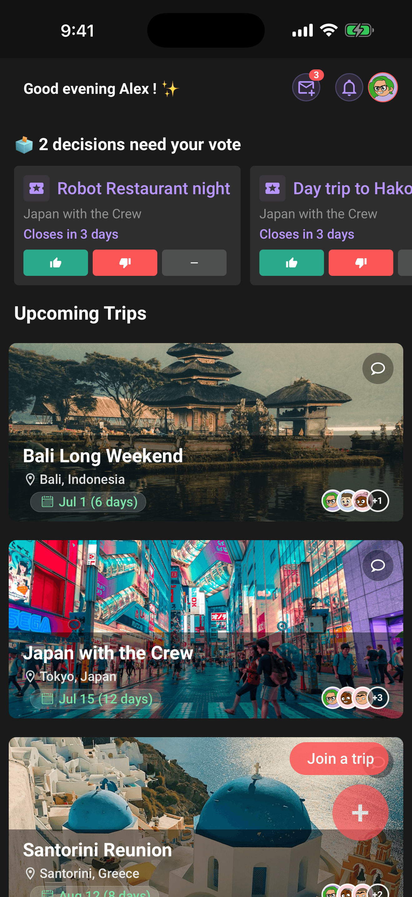 The Decisions inbox on Home: vote on pending ballots across all your trips