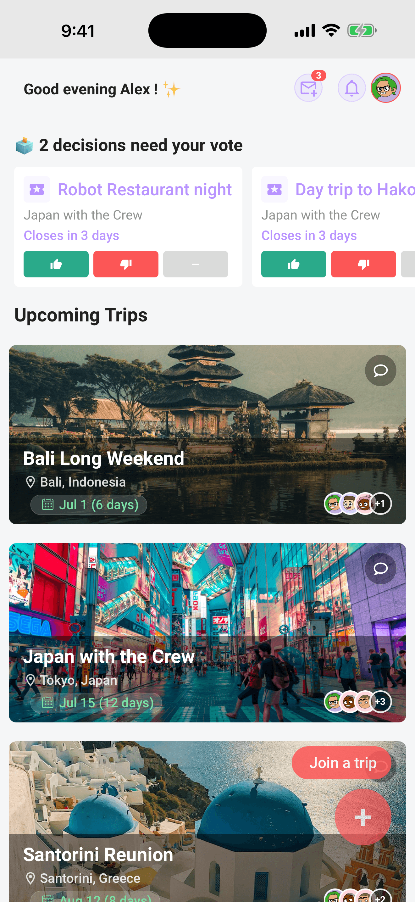 The Decisions inbox on Home: vote on pending ballots across all your trips