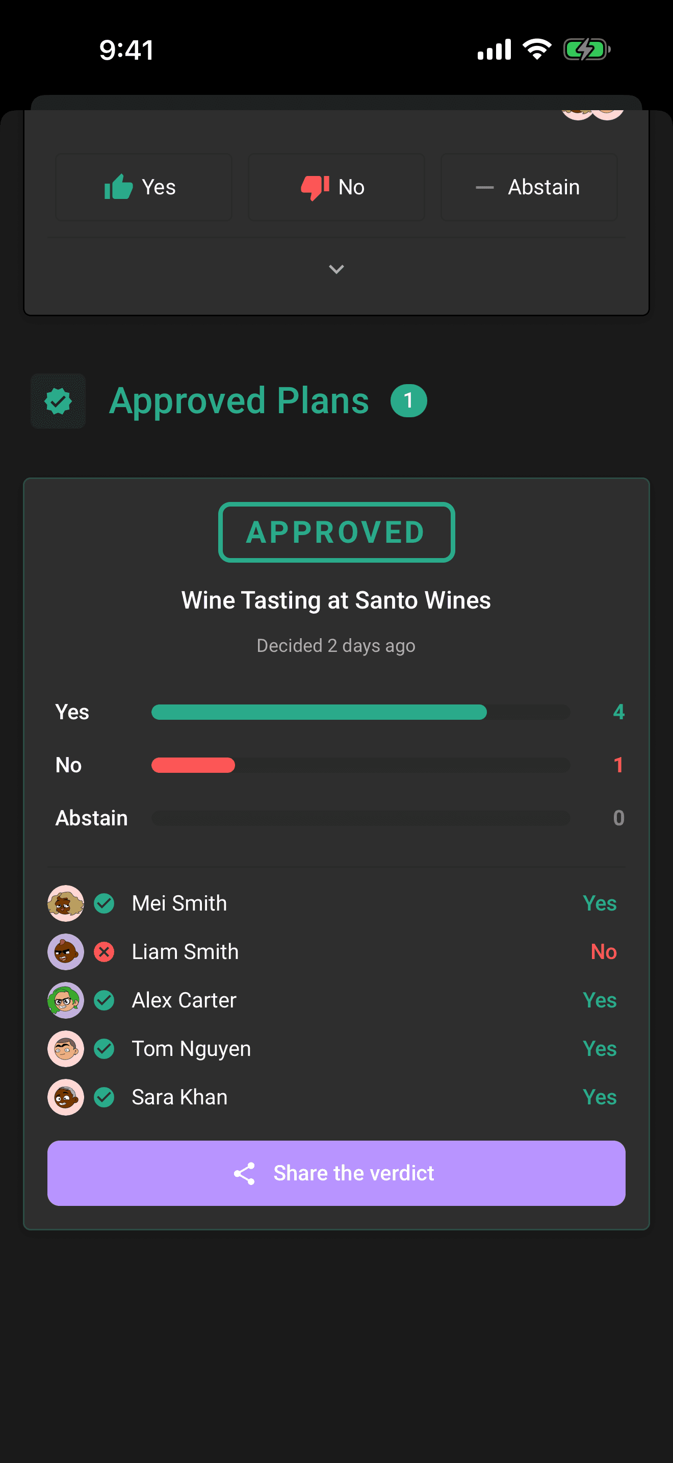 The reveal: verdict stamp, final tallies, voter list, and who didn't vote