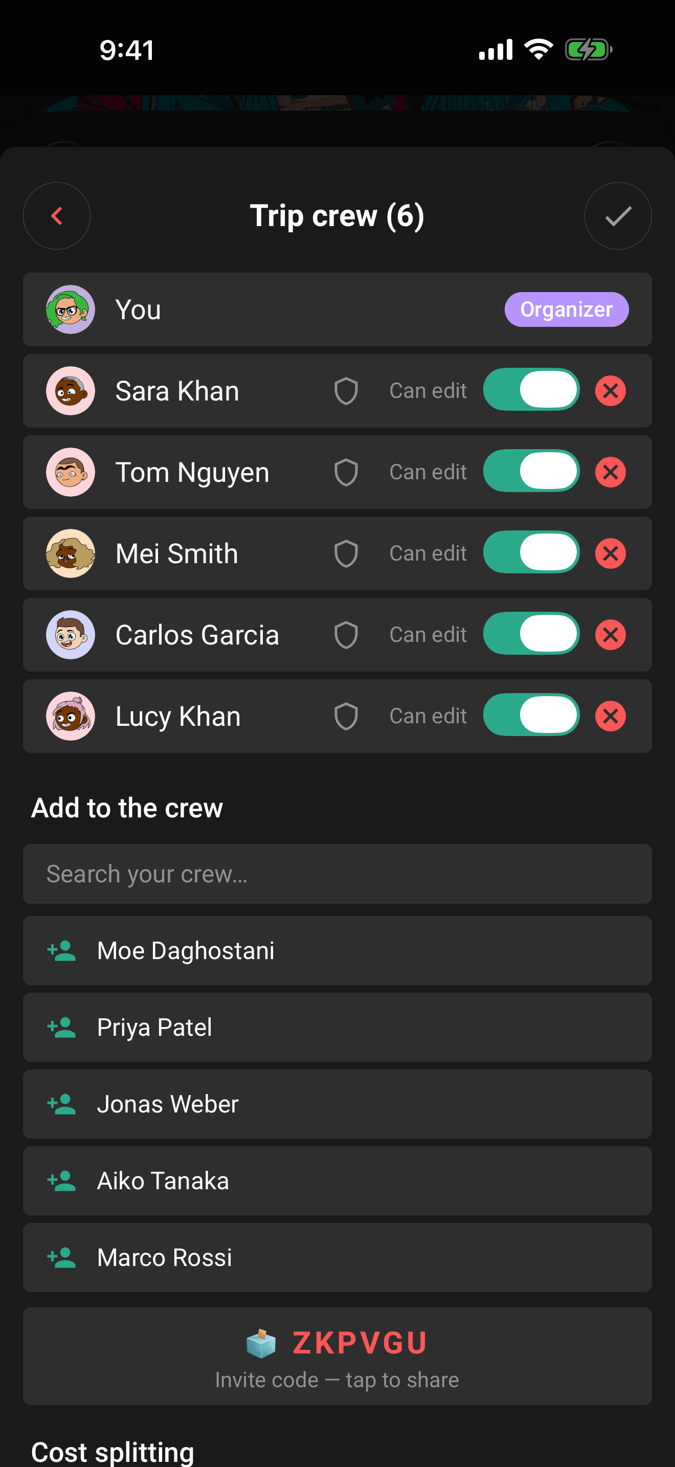 The crew sheet: search crew members, add them, and set Edit access