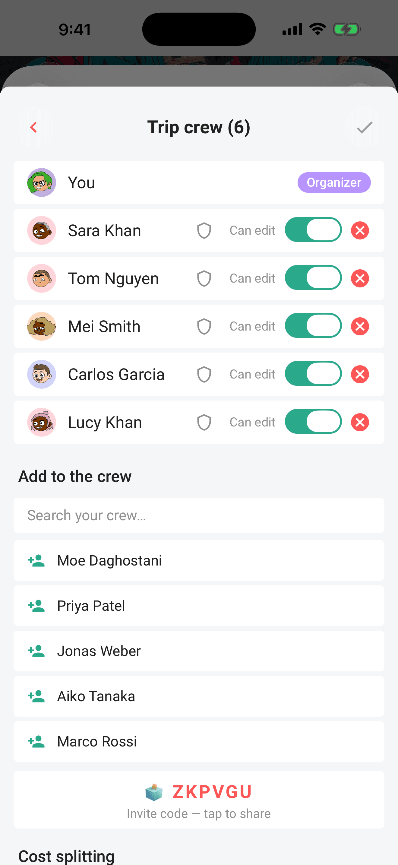 The crew sheet: search crew members, add them, and set Edit access