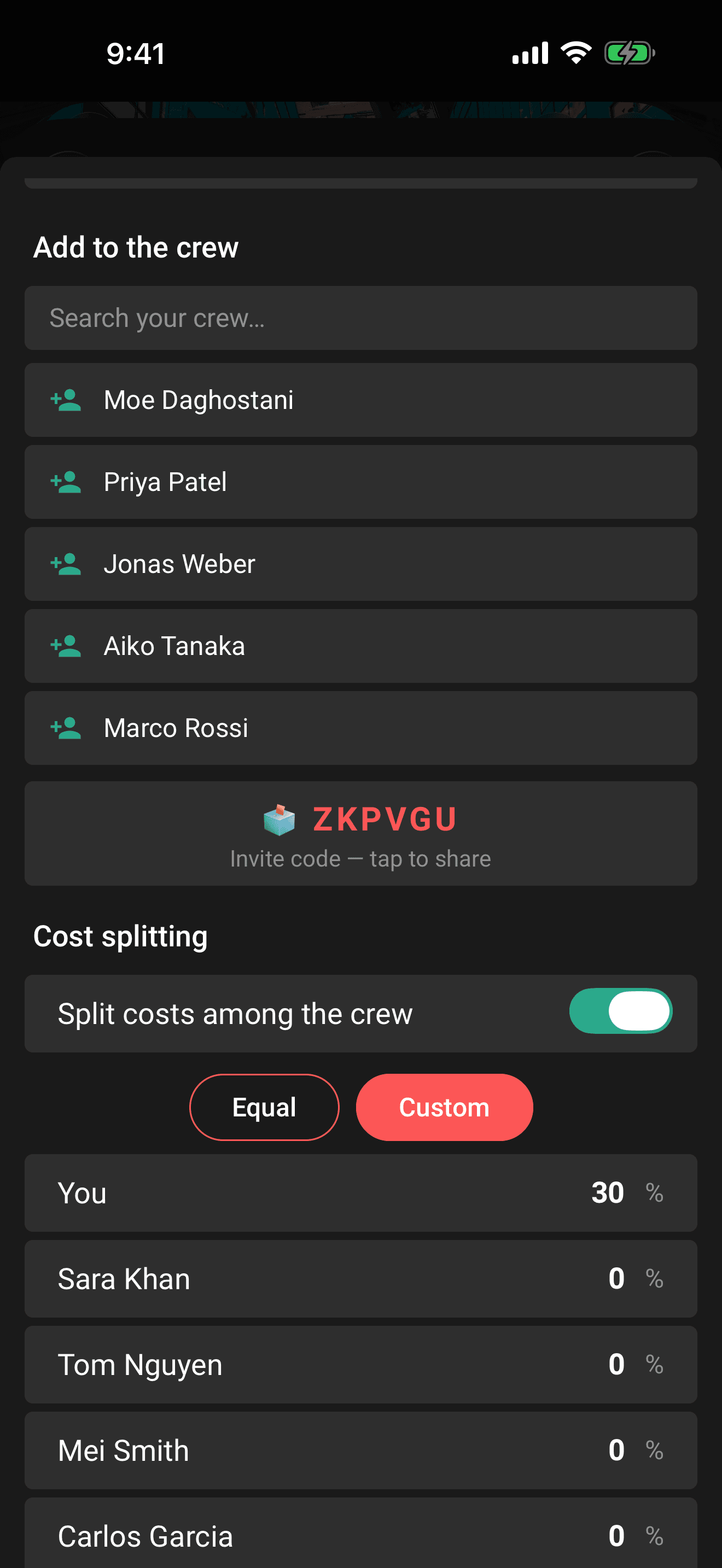 Invite by link: the share sheet with the join link and code