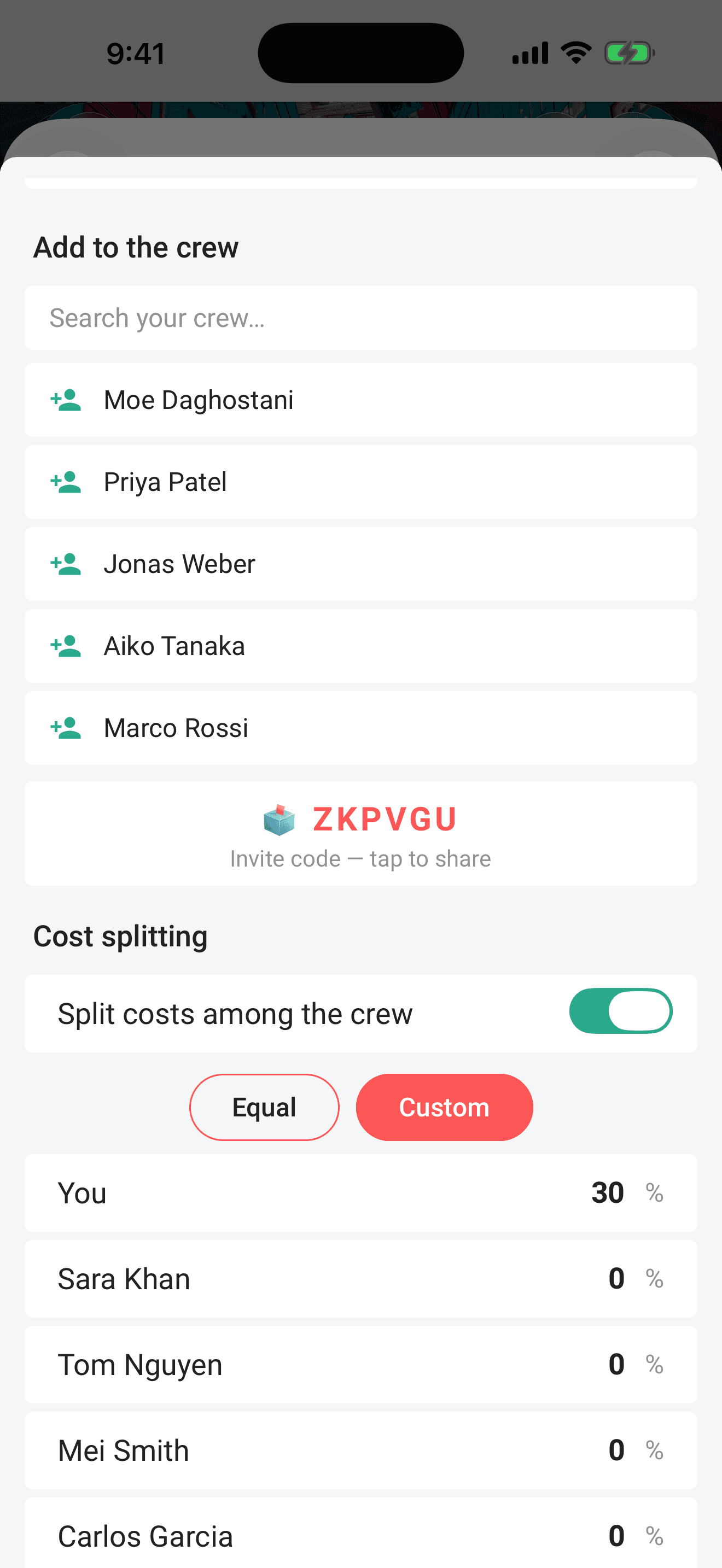 Invite by link: the share sheet with the join link and code