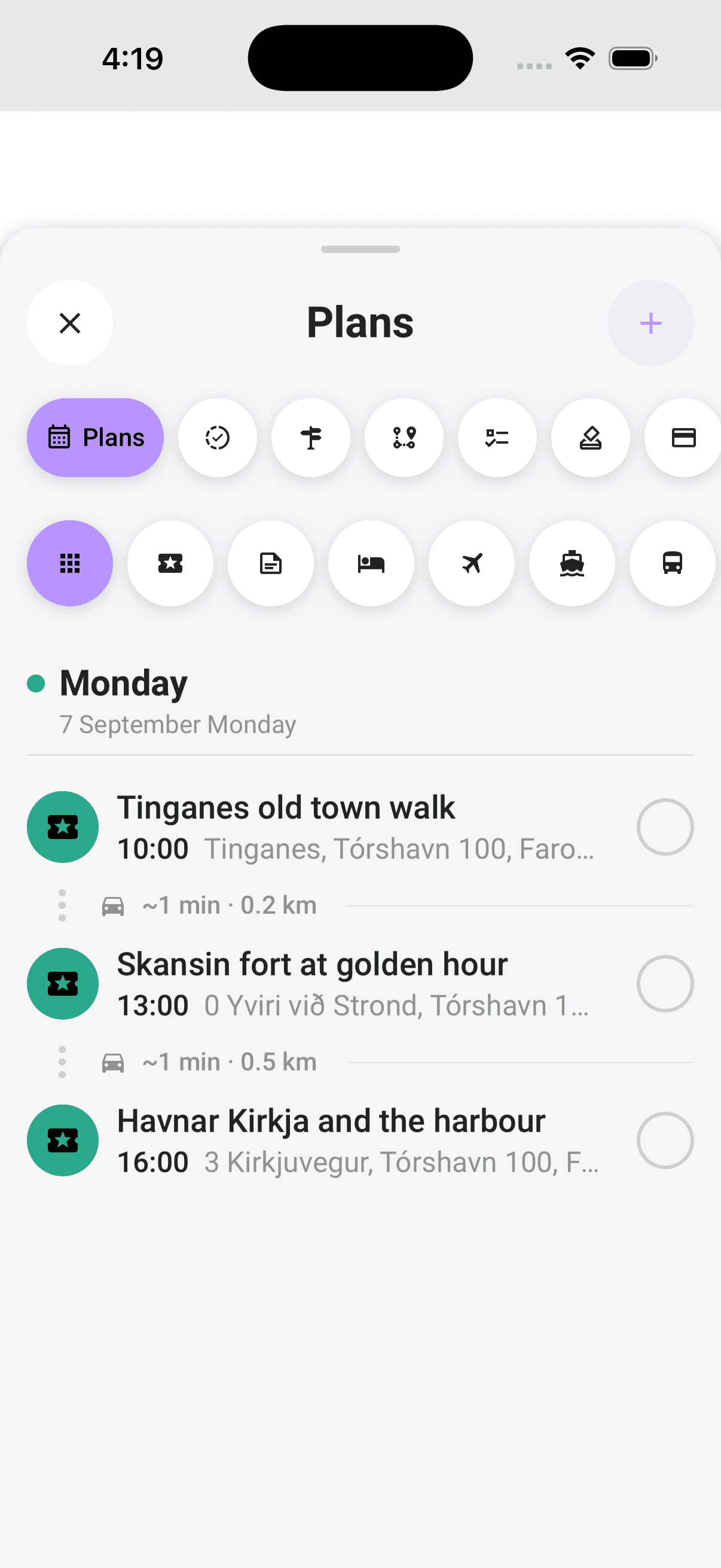 A day in the Plans timeline, with the travel time and distance between consecutive stops
