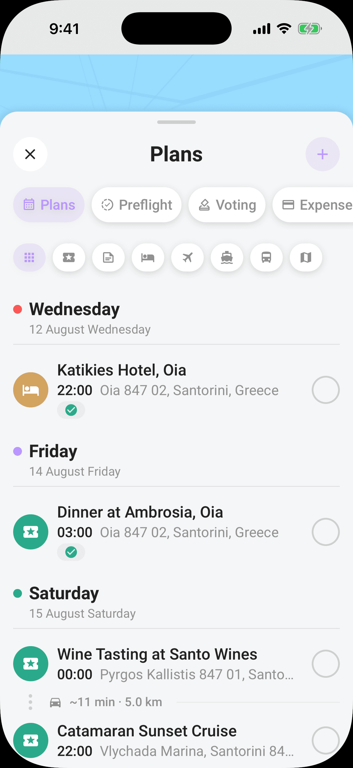 The Plans workspace groups timed plans by day and undated ideas under Anytime