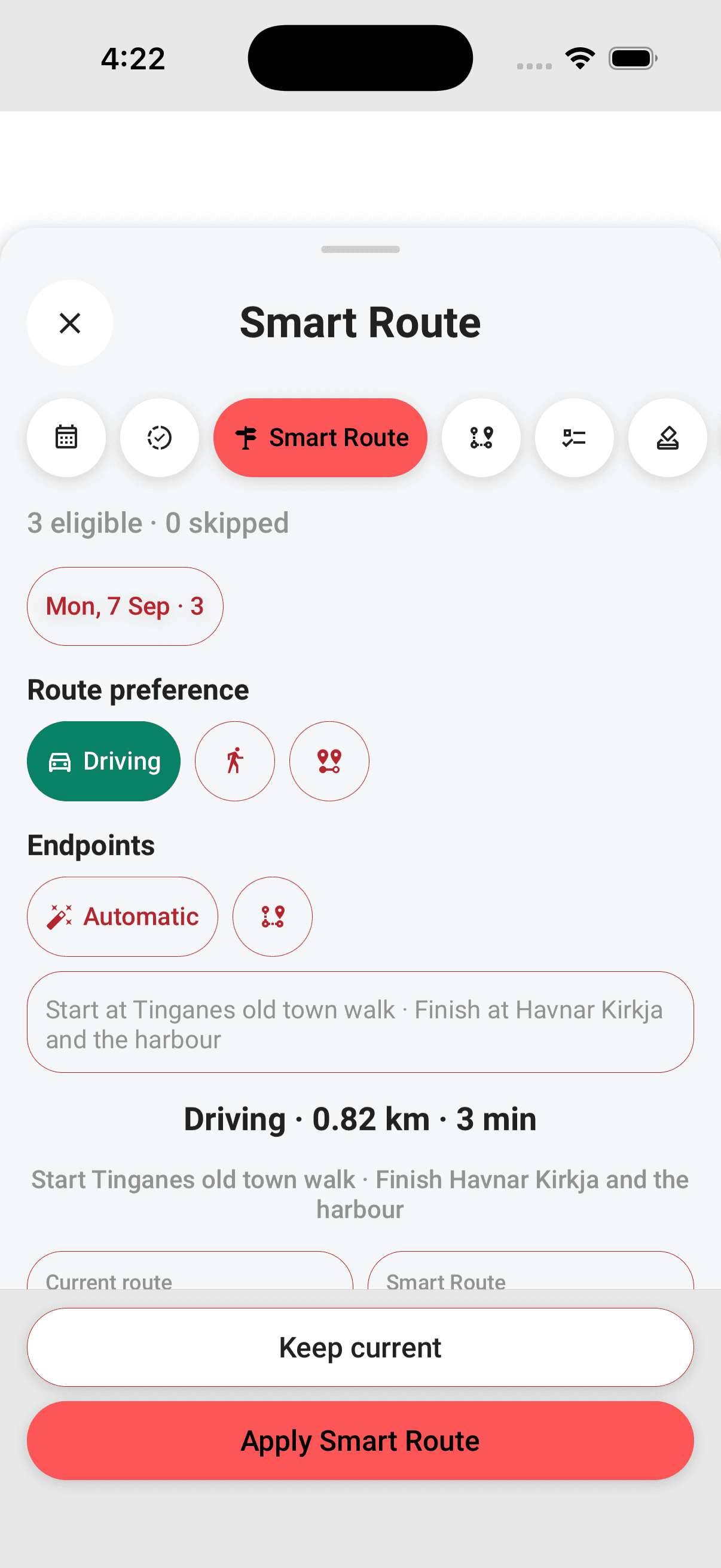 The preview compares the current order with the suggested one, and nothing changes until you tap Apply Smart Route