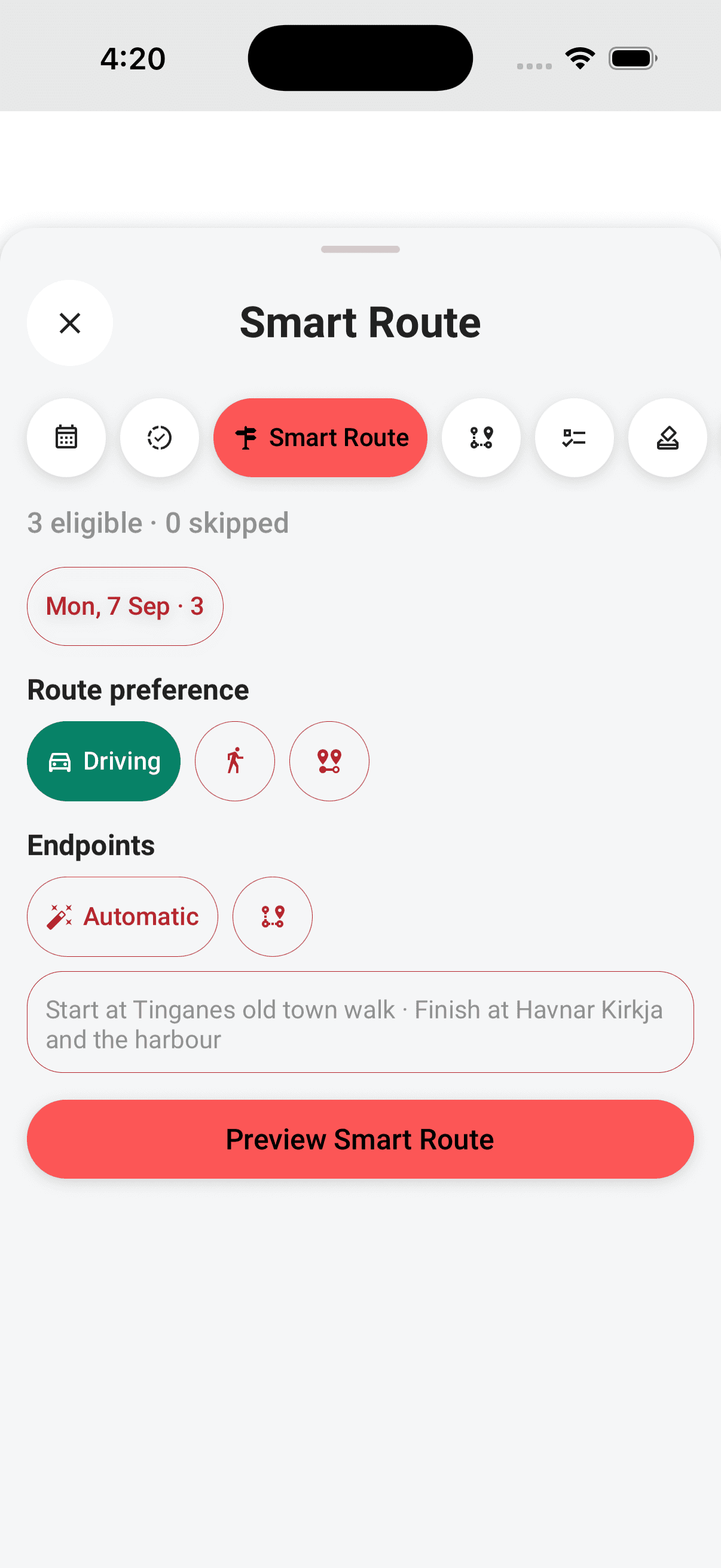Smart Route counts the eligible stops on the chosen day, then asks for a route preference and endpoints before it previews anything