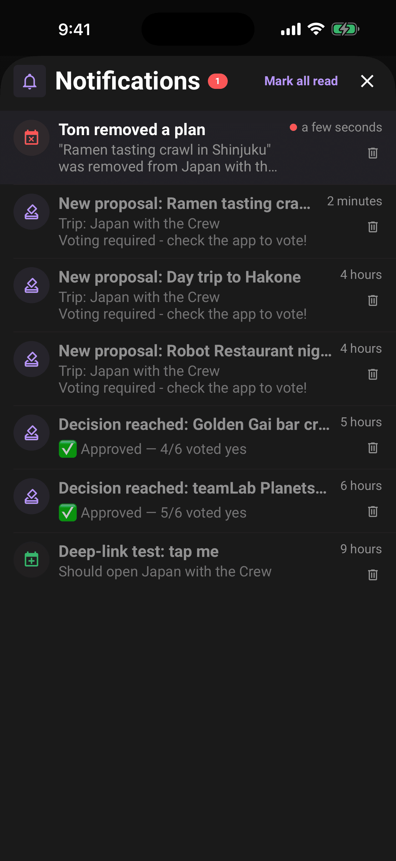 The notifications inbox with unread dots and per-row delete