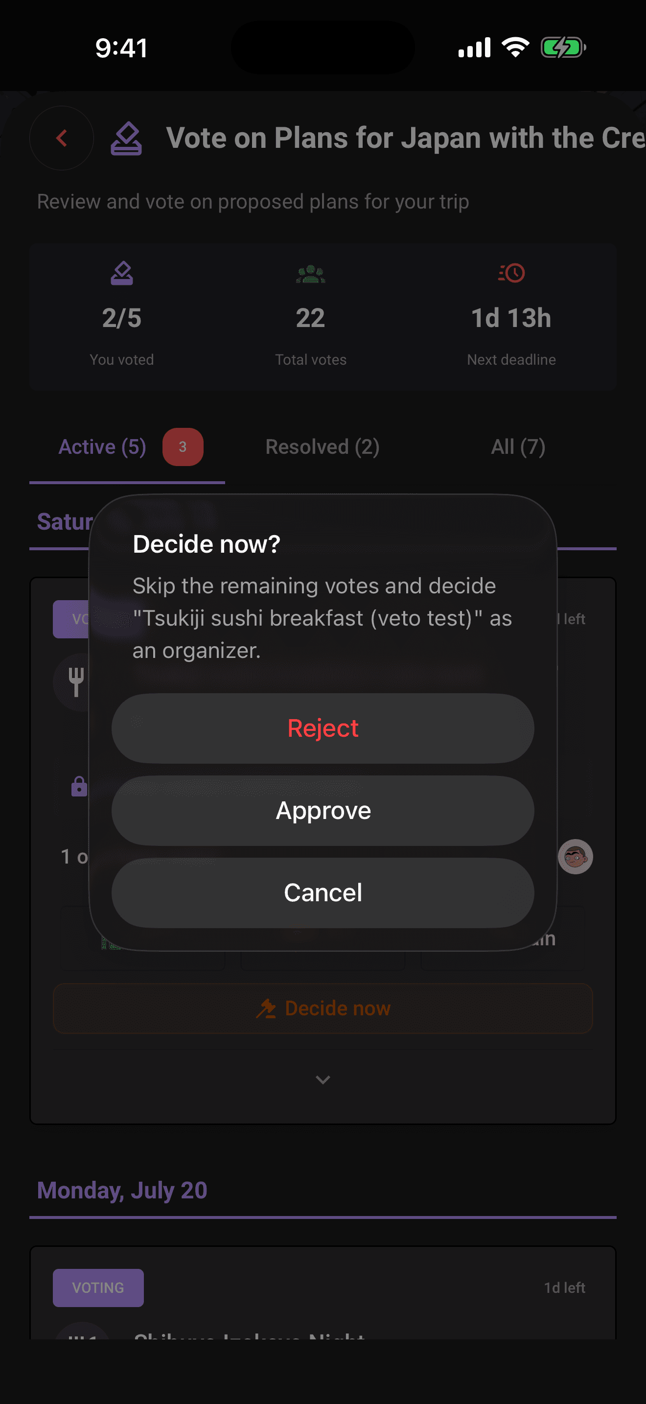Decide now: choose Approve or Reject, then confirm the override
