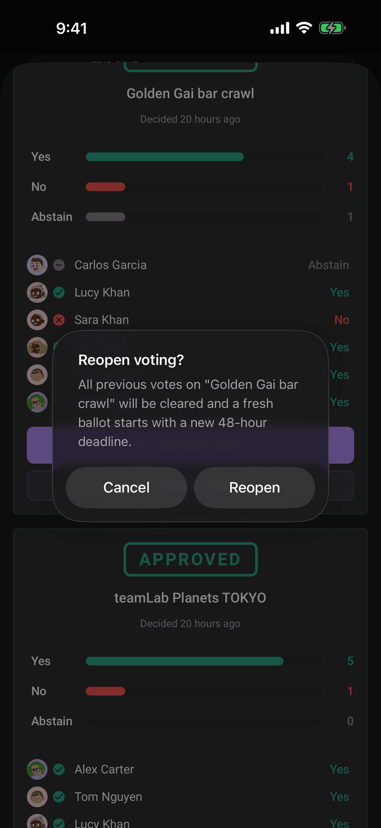 Reopen voting on a resolved ballot: previous votes are cleared and a fresh 48-hour deadline starts