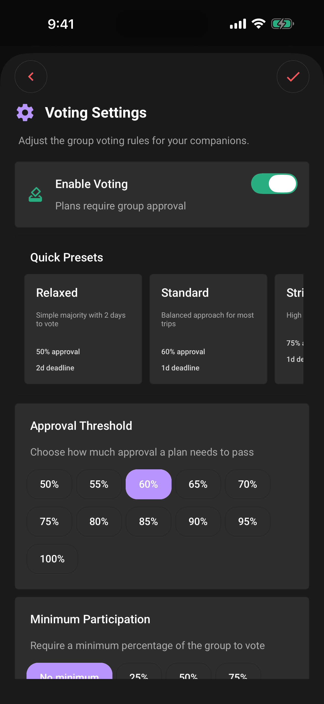 Voting settings: presets, approval threshold, participation, privacy, and deadlines