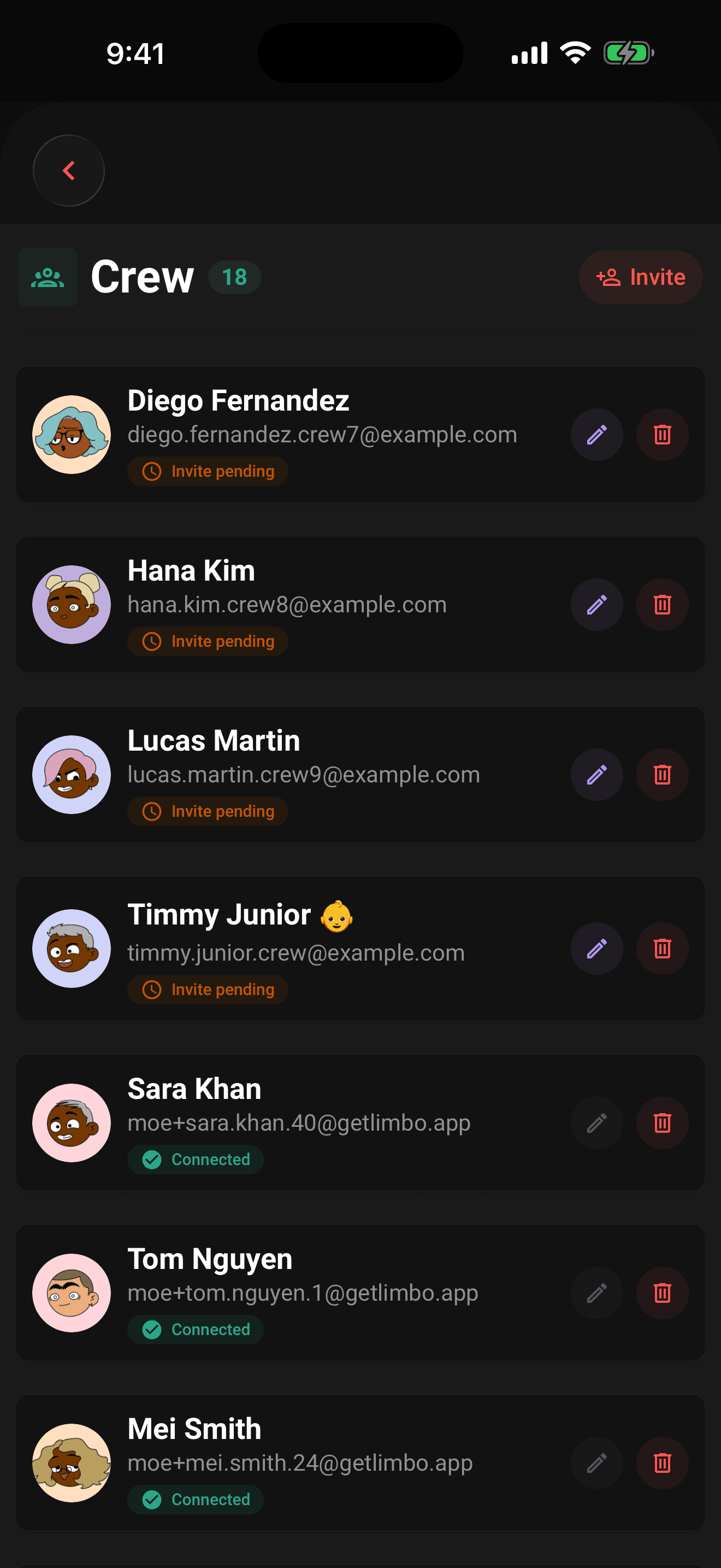 The crew list: accepted, pending, and child crew members