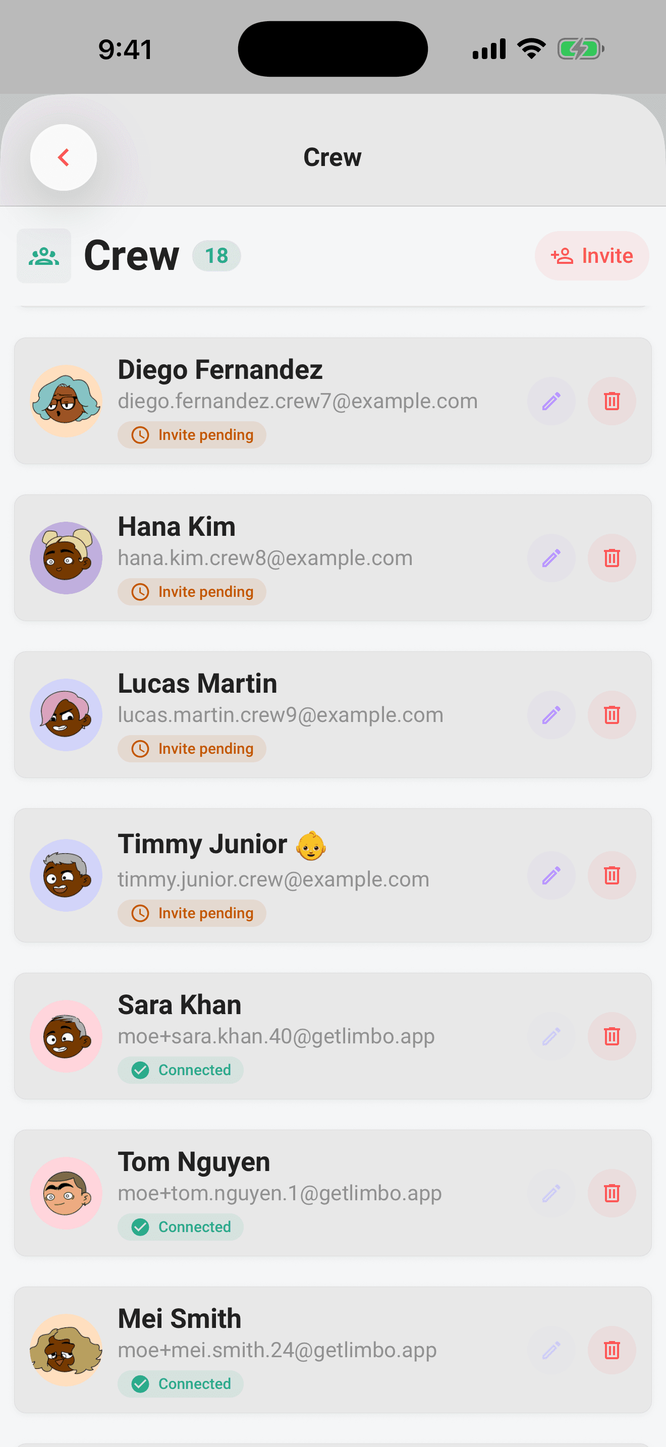 The crew list: accepted, pending, and child crew members