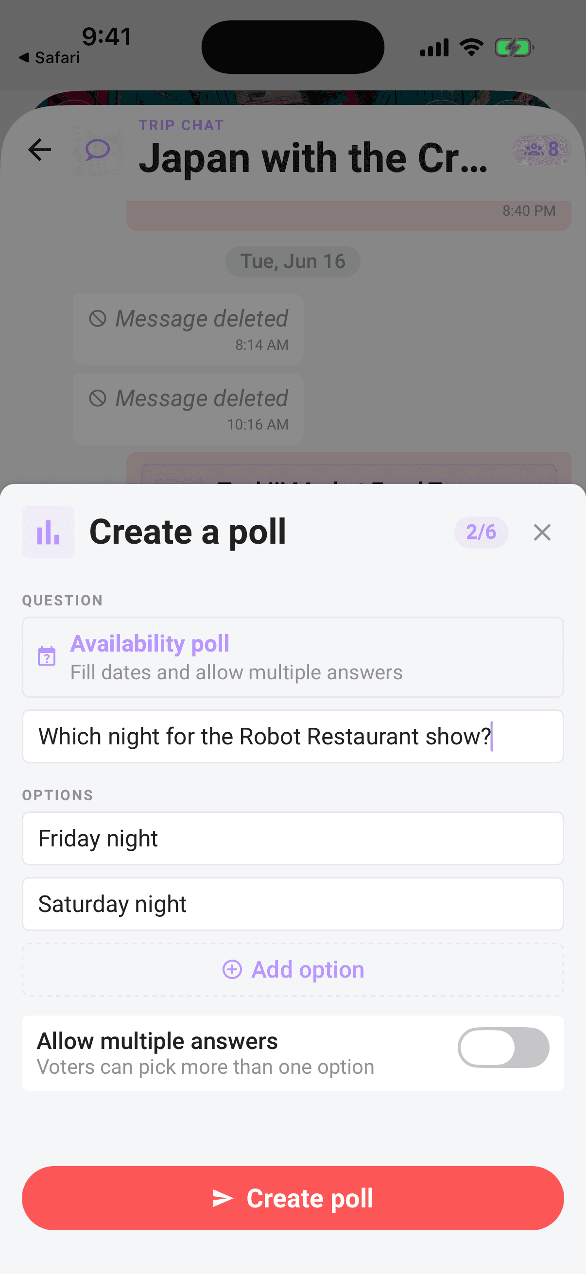 The Create a poll sheet: question, options, and the Allow multiple answers switch