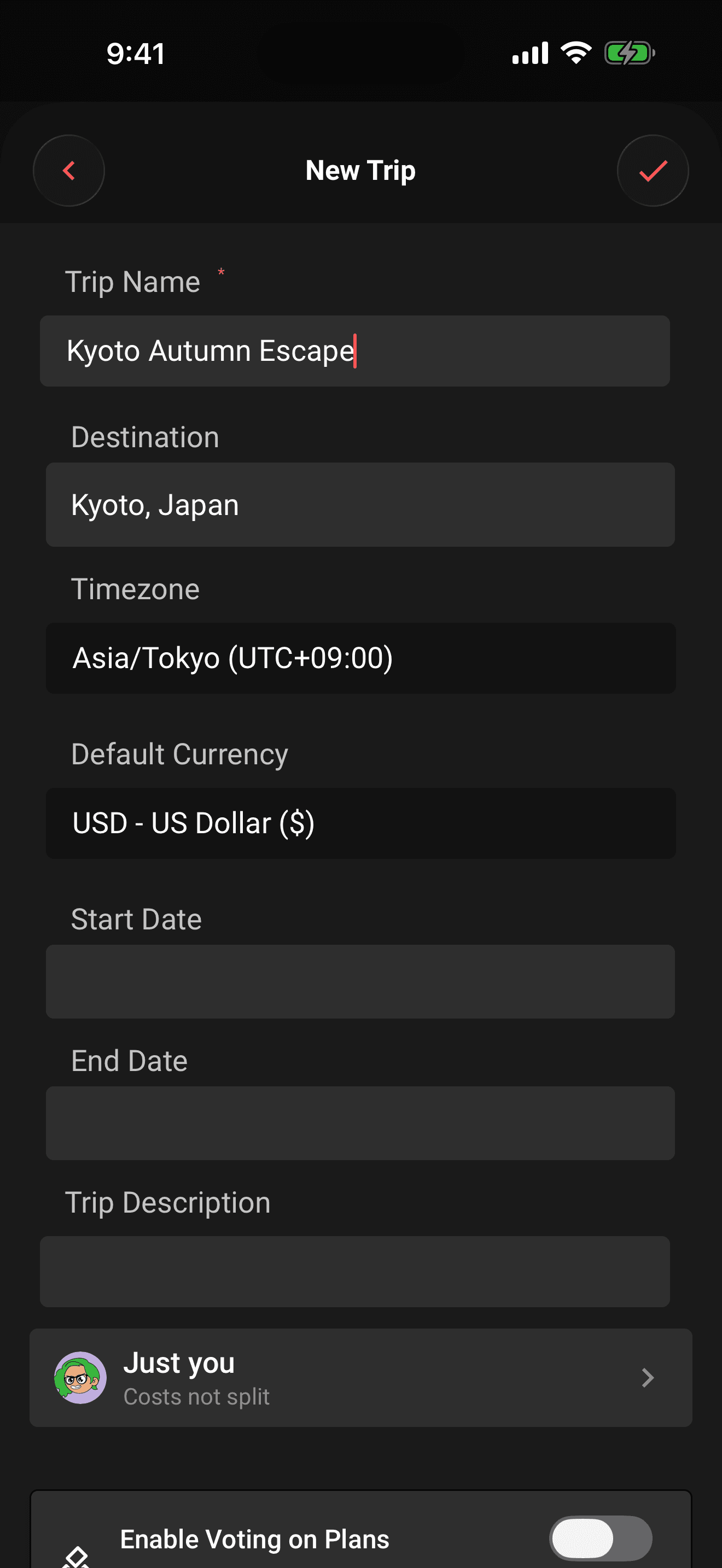 The new-trip form with voting switched on