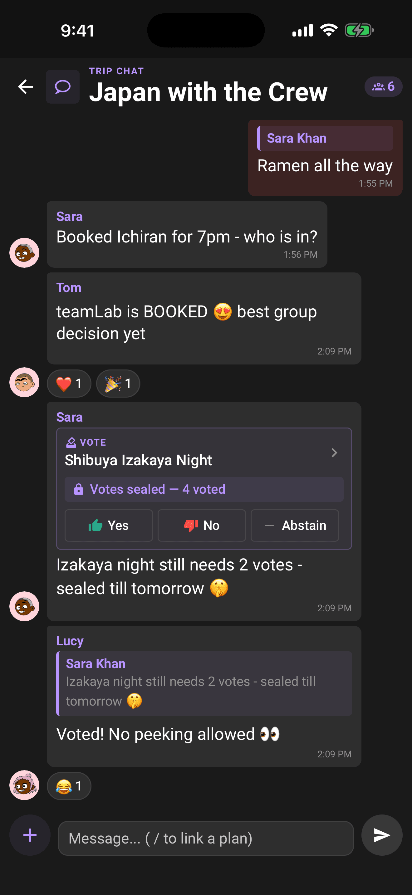 Chat: messages, a votable ballot card, and a poll