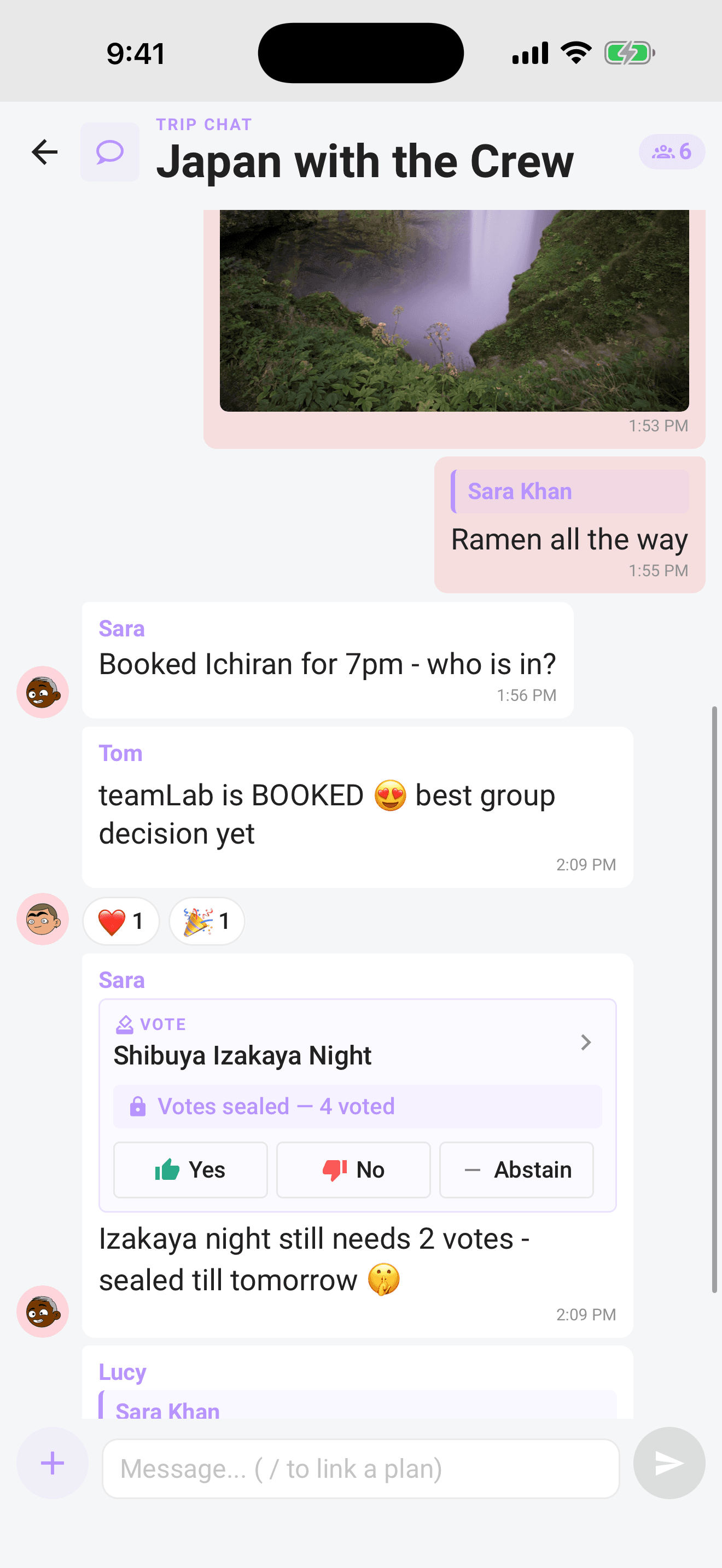 Chat: messages, a votable ballot card, and a poll