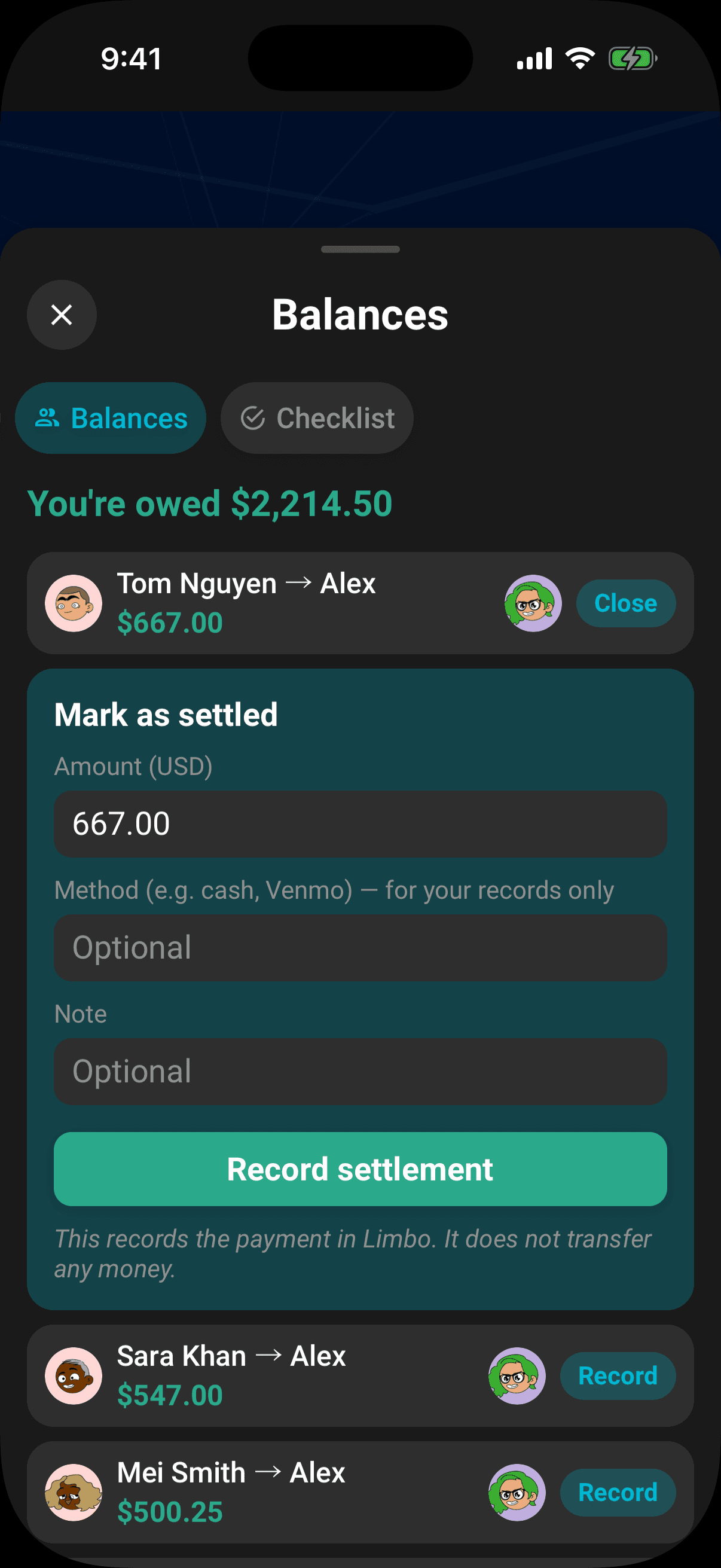 The inline Mark as settled form with amount, optional method and note