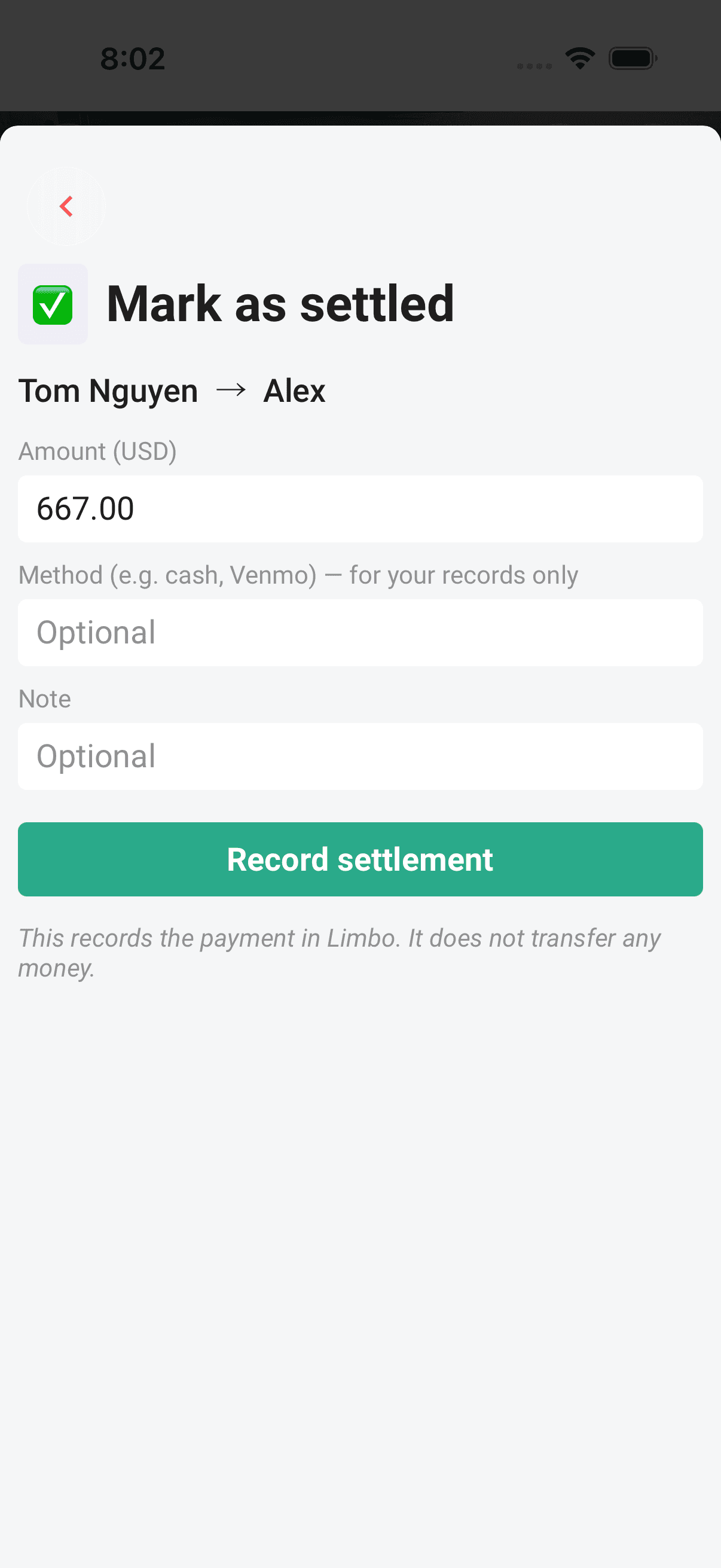 The Mark as settled sub-sheet — amount prefilled, method and note optional
