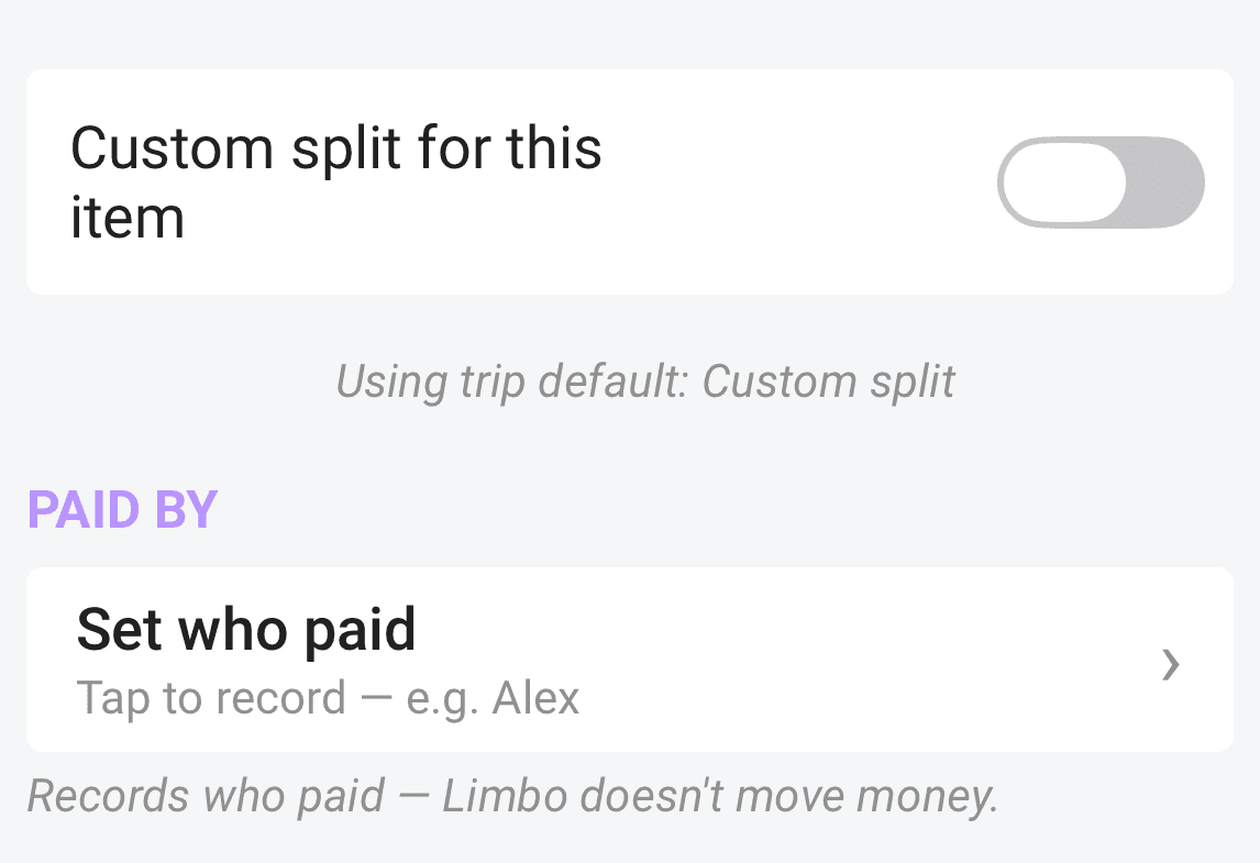 The PAID BY row — Set who paid, with a hint pointing at you