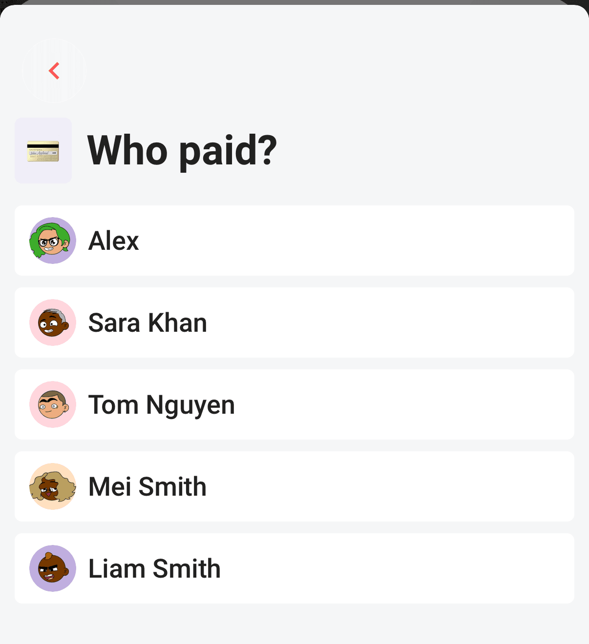 The Who paid? picker — choose any participant