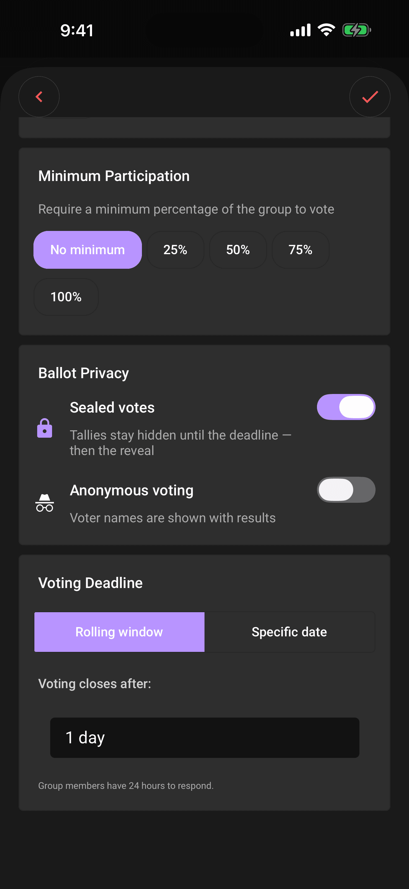 The Ballot privacy section in voting settings: sealed votes and anonymous voting toggles
