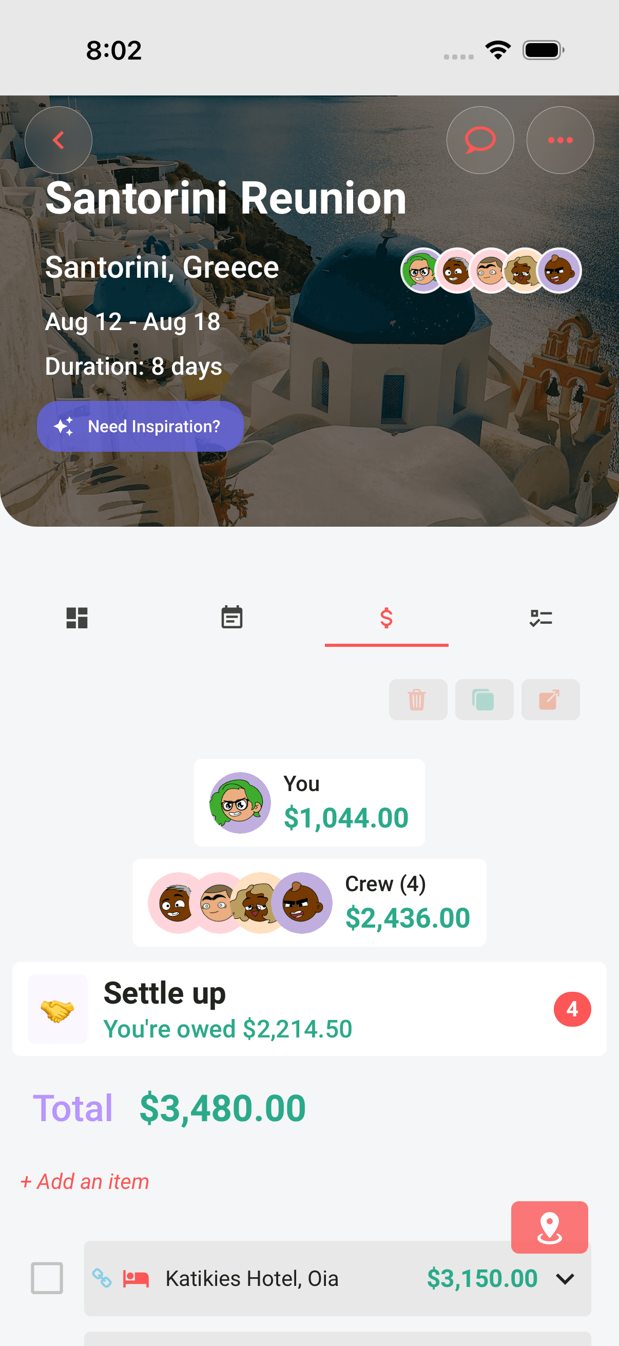 The Settle up card on the Budget tab — your position lives in the subtitle