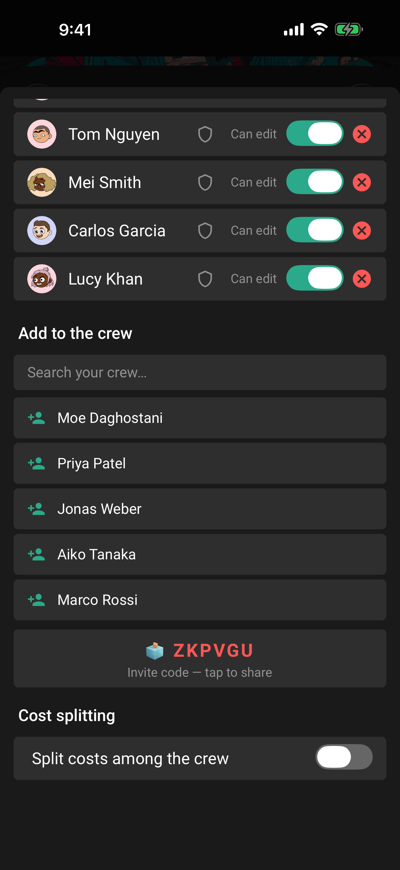 Cost splitting in the crew sheet: turn it on, then choose Equal or Custom