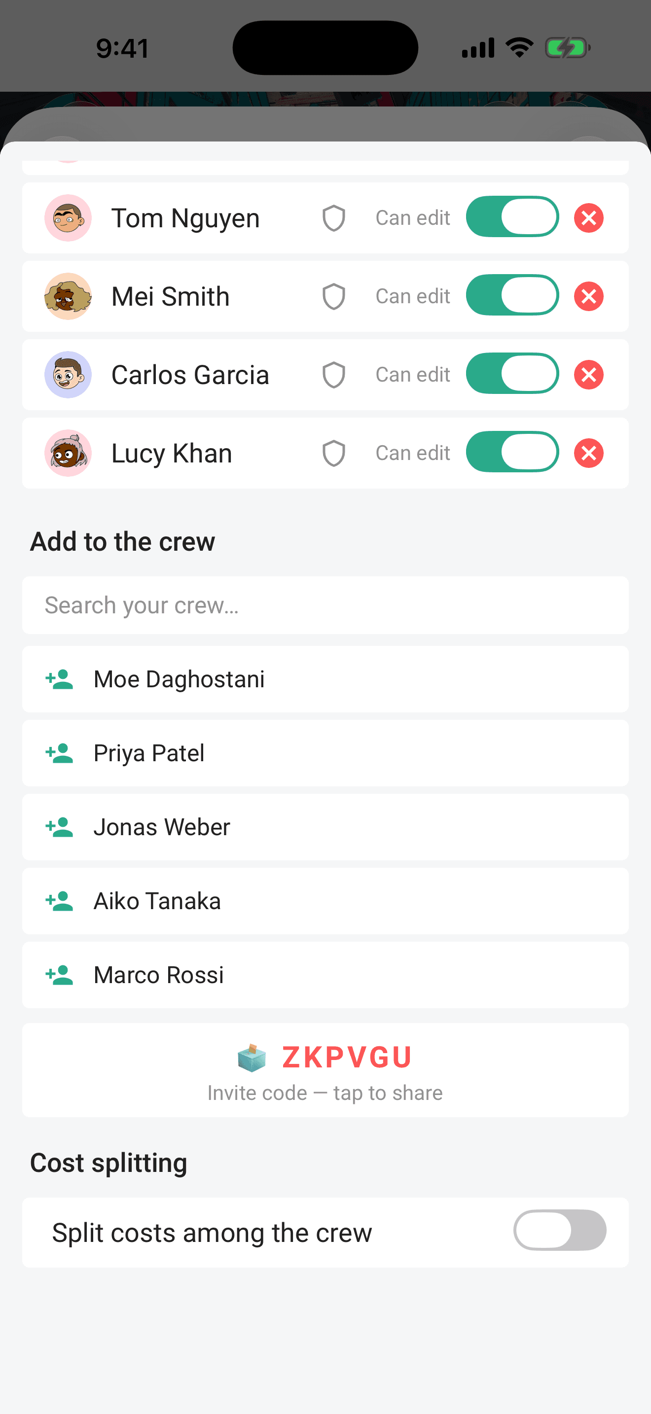 Cost splitting in the crew sheet: turn it on, then choose Equal or Custom