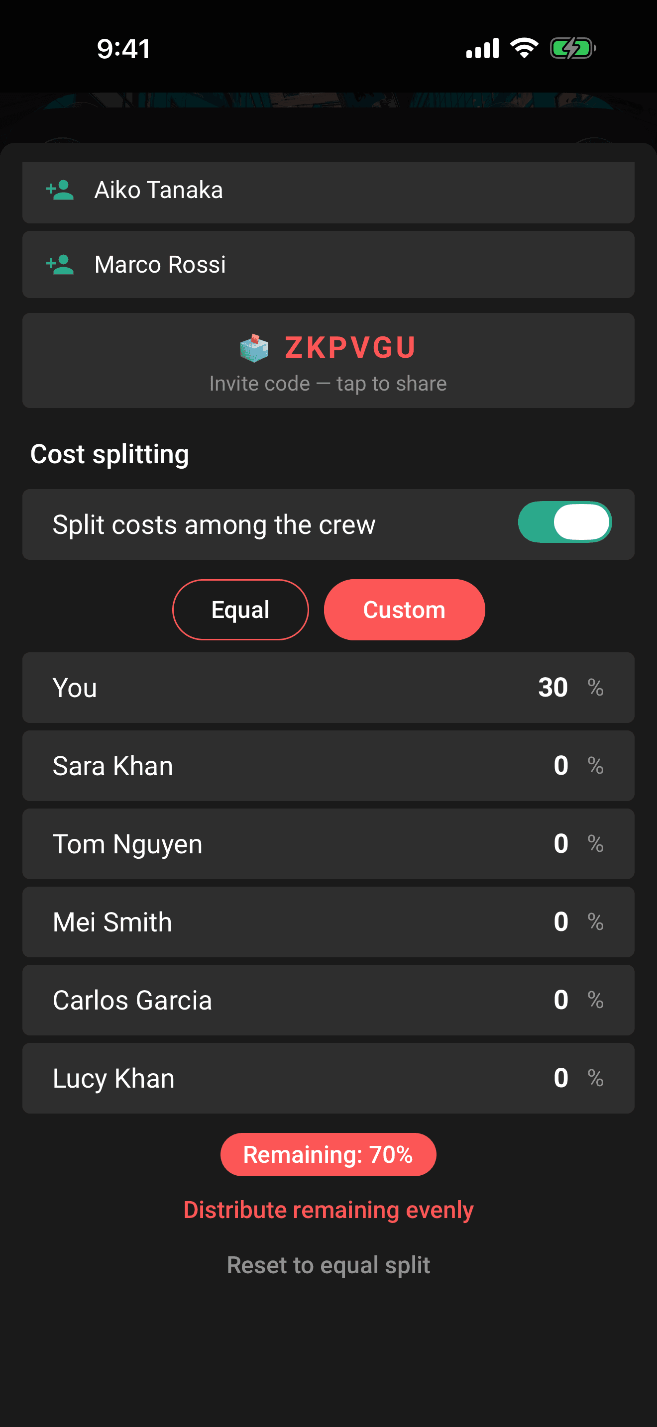 A custom split with percentages for each adult and a live total