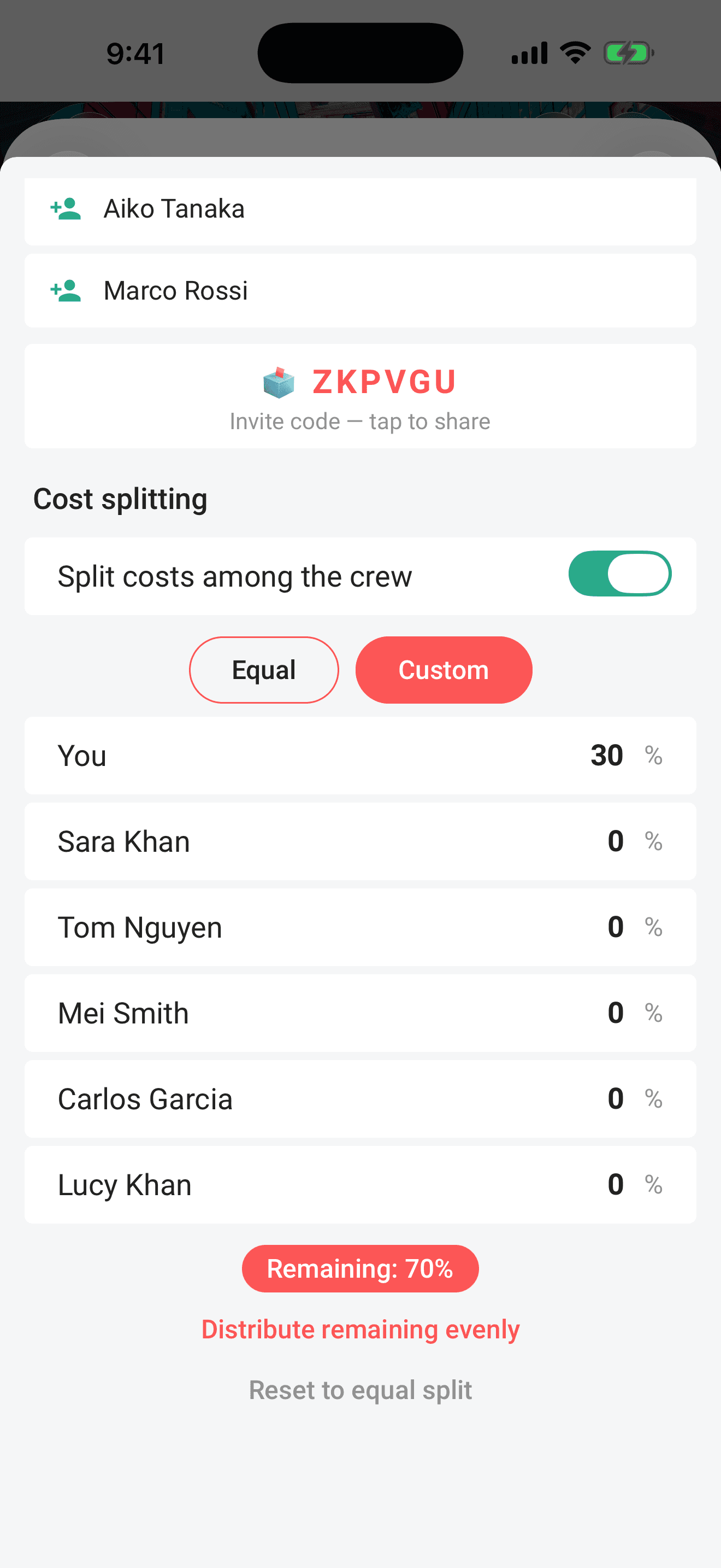 A custom split with percentages for each adult and a live total