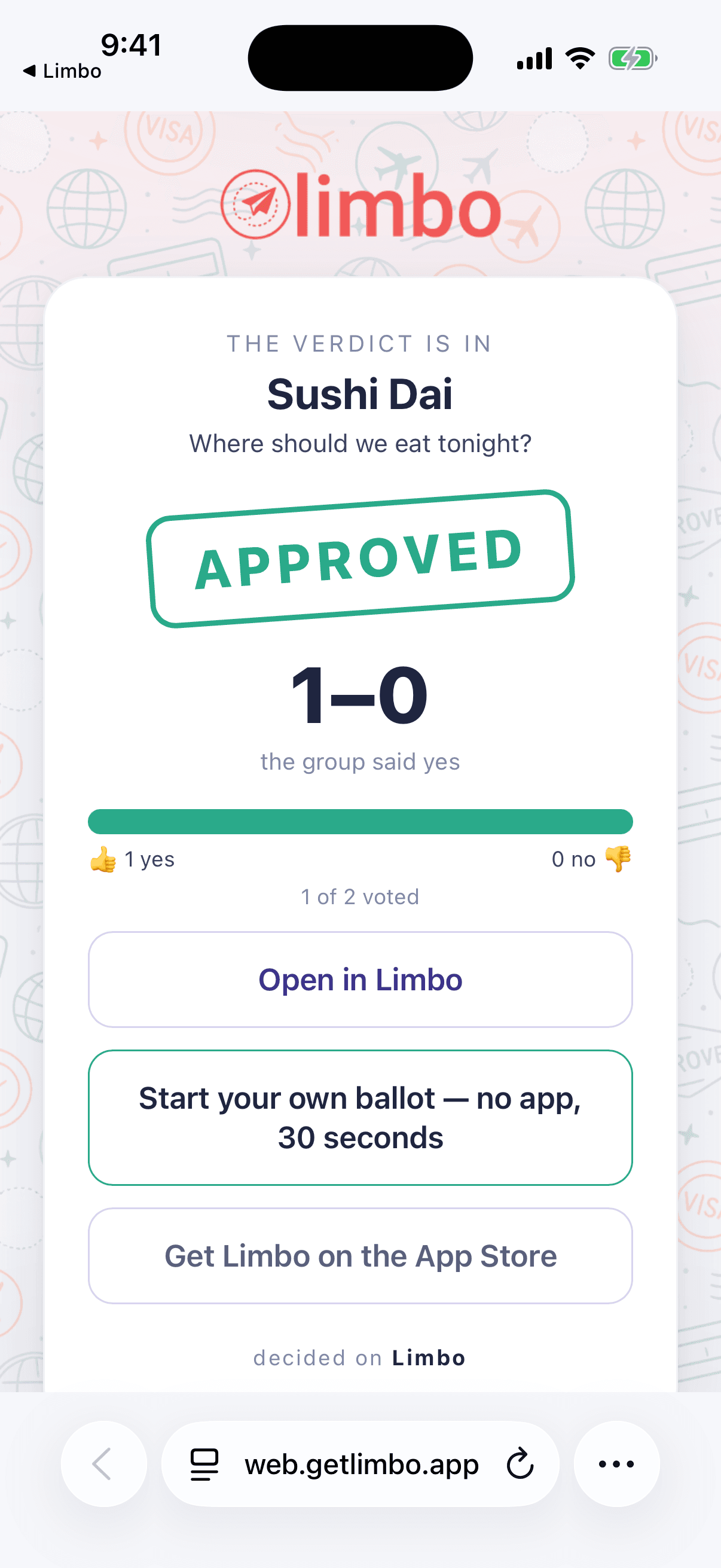 A resolved web ballot: the winning option and the vote breakdown, right in the browser